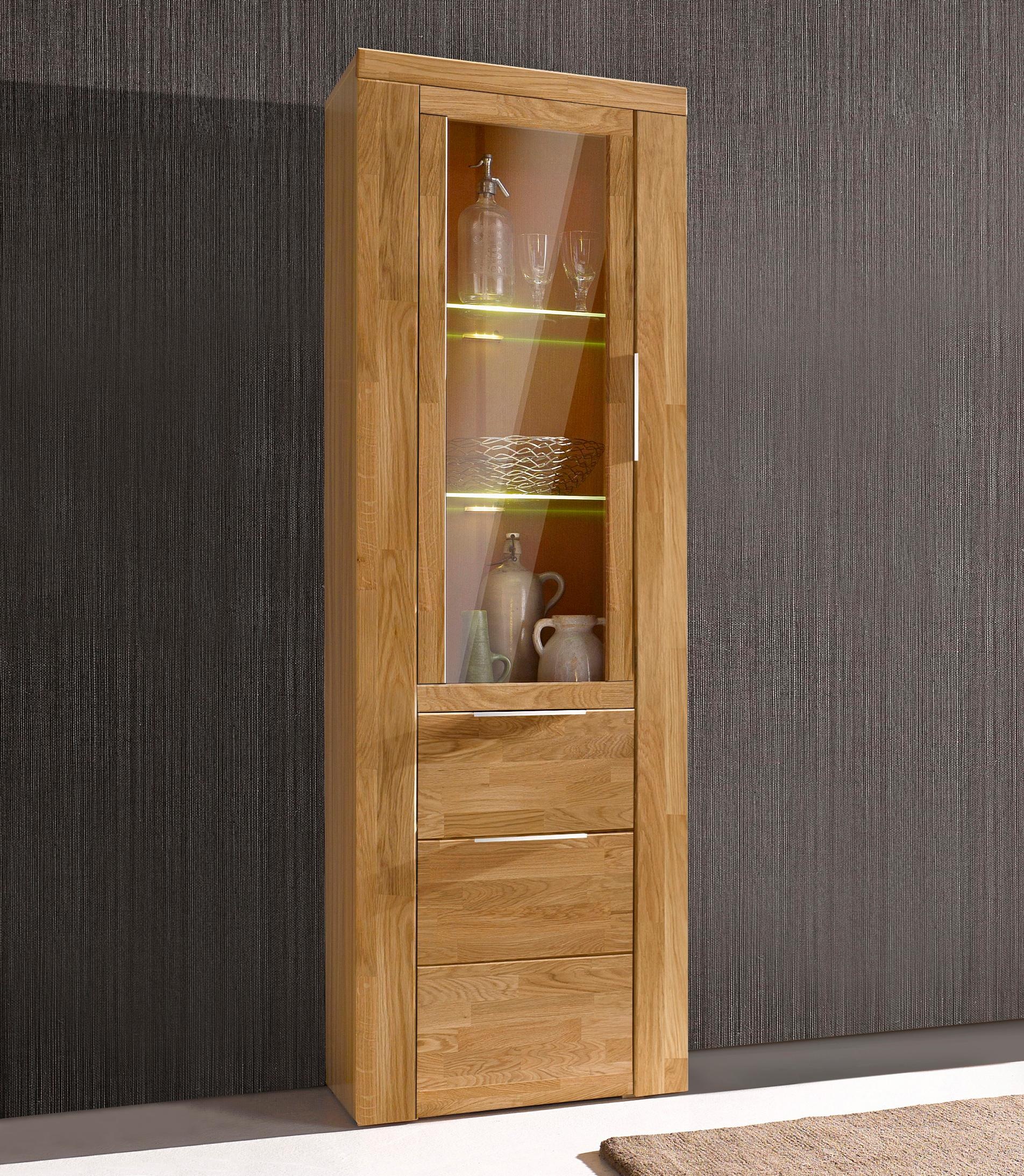 Image of GOODproduct Vitrine "ZARA75, 2 Glasboden variabel, Türen L/R, 1 Schublade, Wohnzimmer" B/T/H:60/40/190cm, Front massivholz,5 Fächer,Griffe silberfarben,geölt