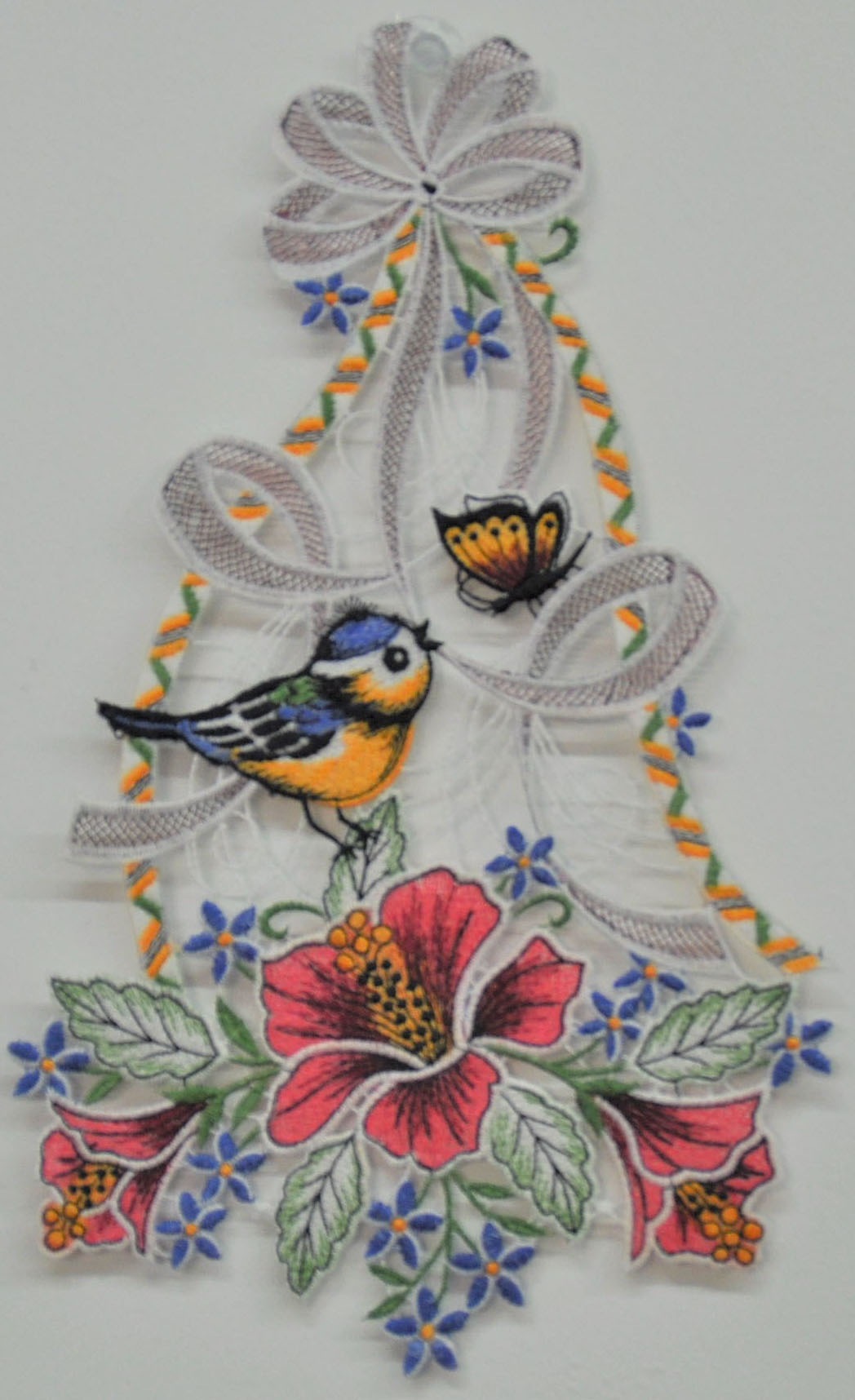 Image of Stickereien Plauen Fensterbild "Vogel mit Hibiskus"
