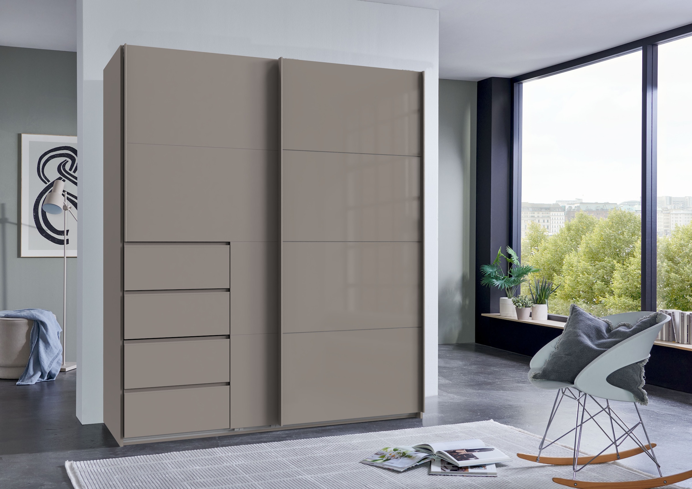 Wimex Armoire à portes coulissantes »Bali in den Breiten 180cm, 225cm & 270cm, Schrank mit Glaselement« Kleiderschrank erhältlich in den Farben; grafit und saharagrau