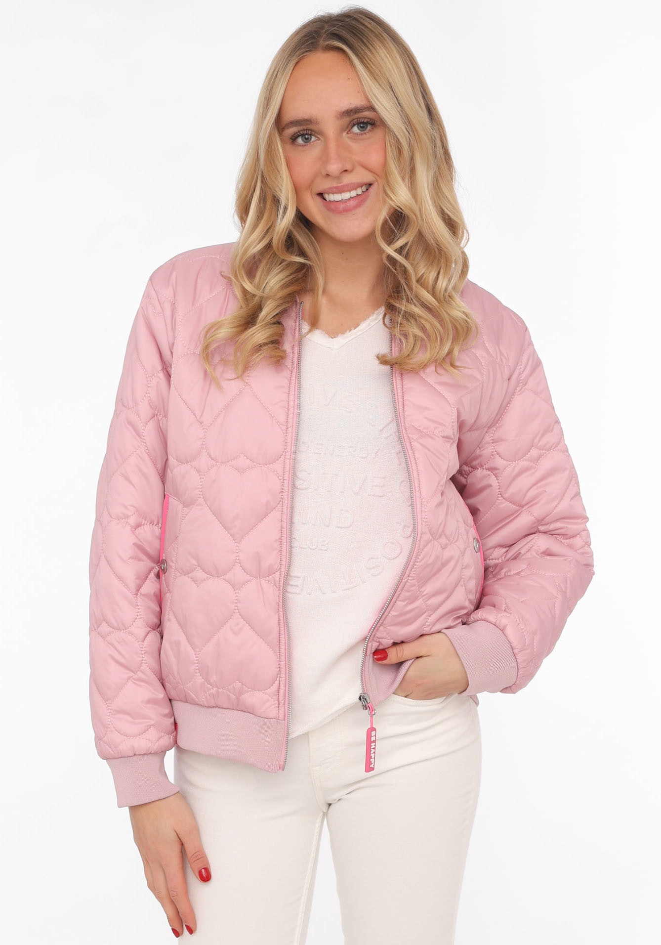 Image of Zwillingsherz Bomberjacke ""Be Happy"" ohne Kapuze modisch, Kontrastdetails, regular fit, langärmelig, mit Herzsticker