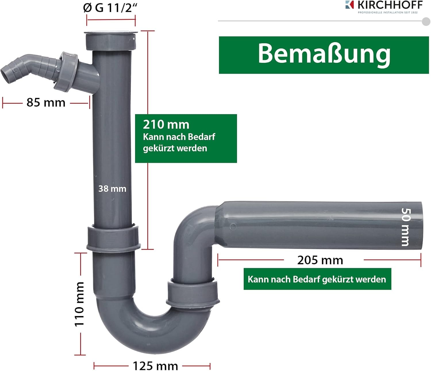 Kirchhoff Siphon »ECO-SAVE« Set,  KS Spültisch-Röhrensiphon, 1 1/2"IG x 50 mm, mit 3/4" Geräteanschluss