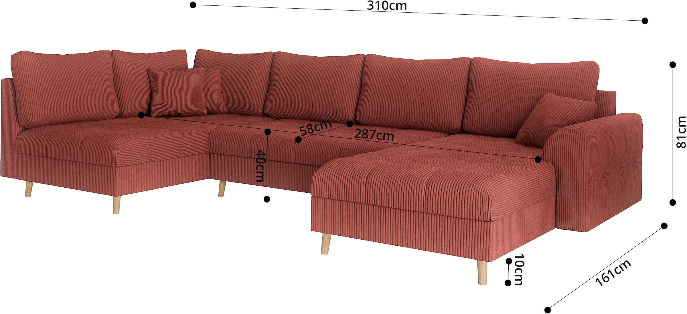 Home affaire Wohnlandschaft »CHARRE U-Form mit Ottomane, Masse B/T/H: 310/161/81 cm«, feine Steppung, lose Rücken- und Zierkissen, auch in Cord und Bouclé