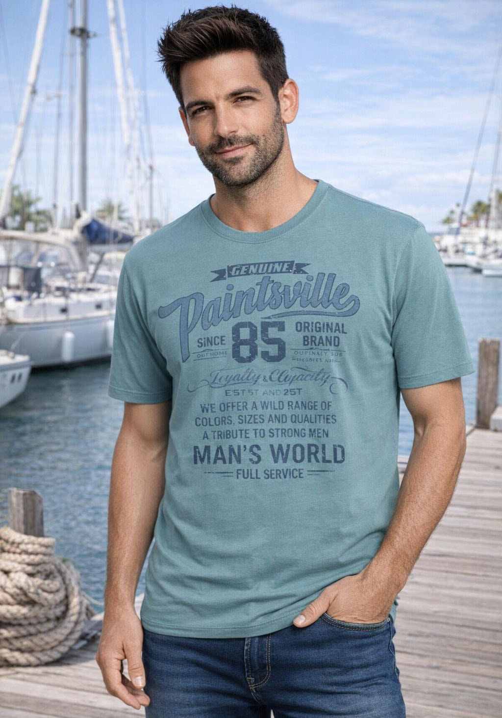 Image of Mans World T-Shirt Kurzarm, mit stylischem Print, Rundhalsausschnitt, aus Baumwolle