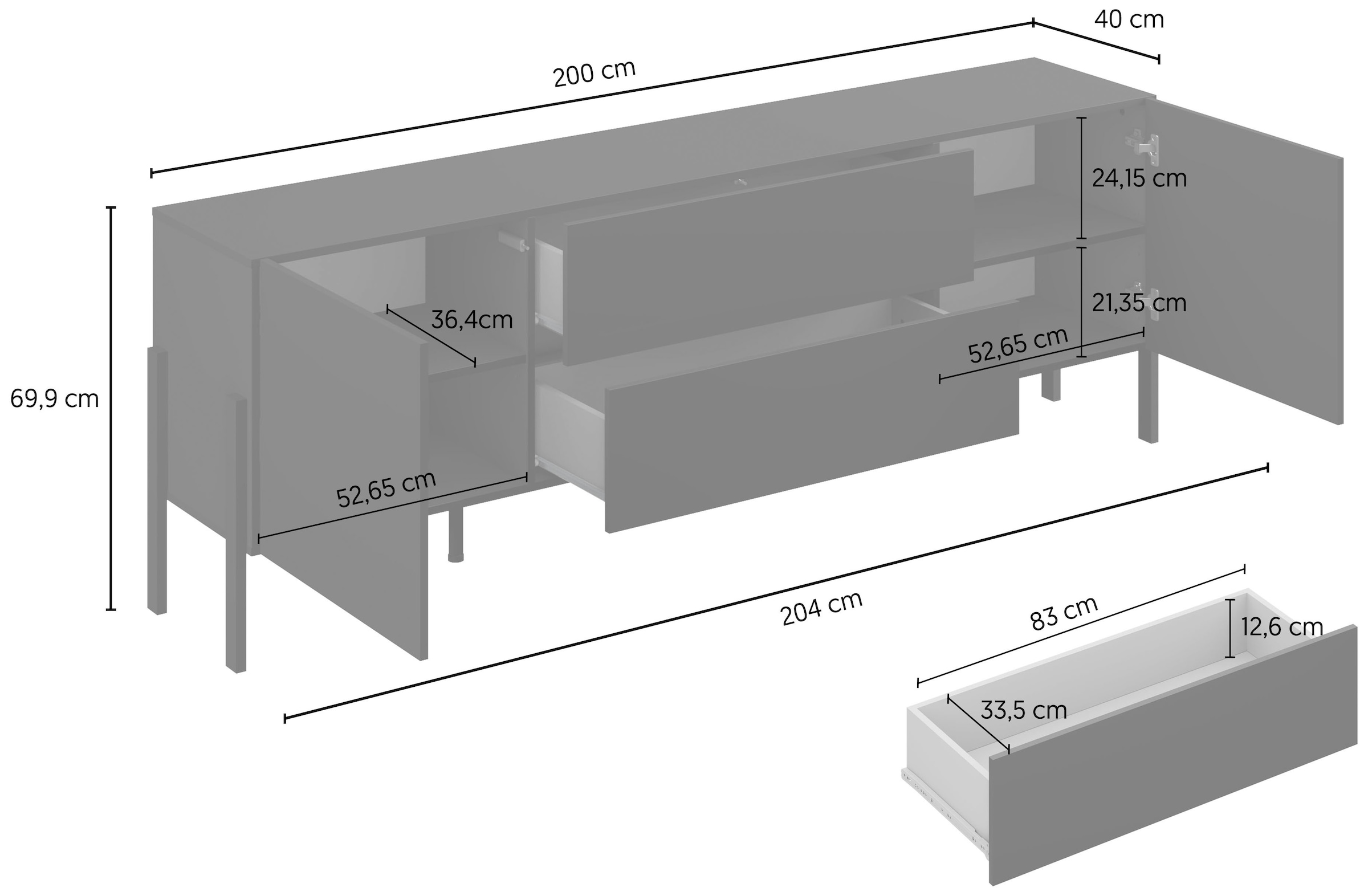 GOODproduct Table basse »Jukon,Breite 200 cm, moderne grifflose TV-Kommode,2 Türen/2 Schubladen« TV-Schrank mit viel Stauraum, TV-Board, push-to-open-Funktion