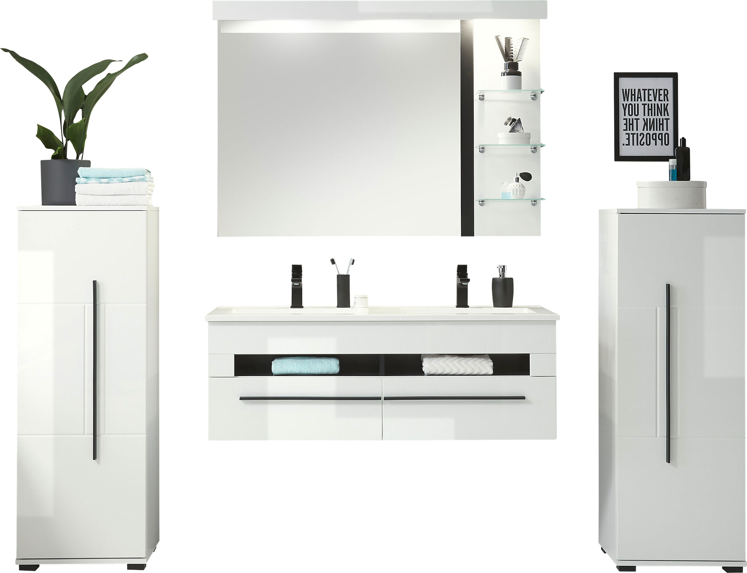 INOSIGN Badmöbel-Set »Cantara, Bad im modernen Design, 4-teiliges Badezimmer«, (Set, 4 St.), Waschtisch, Schränke und Spiegel, in Weiss Hochglanz, viel Stauraum