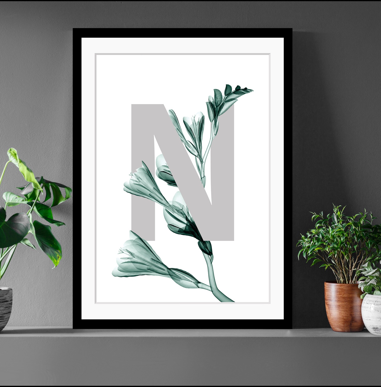 Image of queence Bild "N-Flower" Buchstaben Pflanzen Pflanzenbilder Blätter, Blume, gerahmt