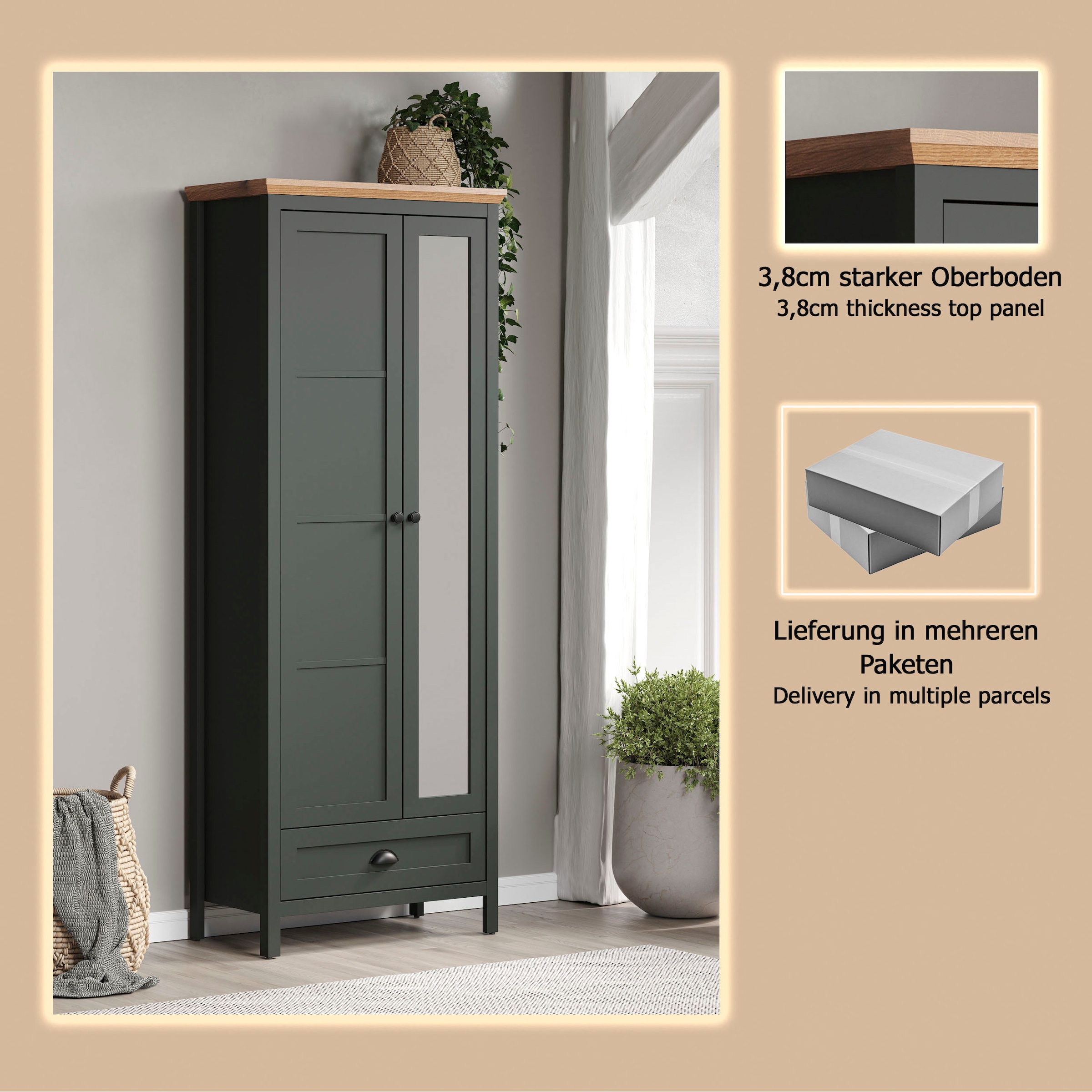 Home affaire Armoire vestiaire »Vienna« 1 cuis tlg. Garderobenschrank, 2 Türen, 1 Schubkasten & Vollauszug 77/39/198 cm