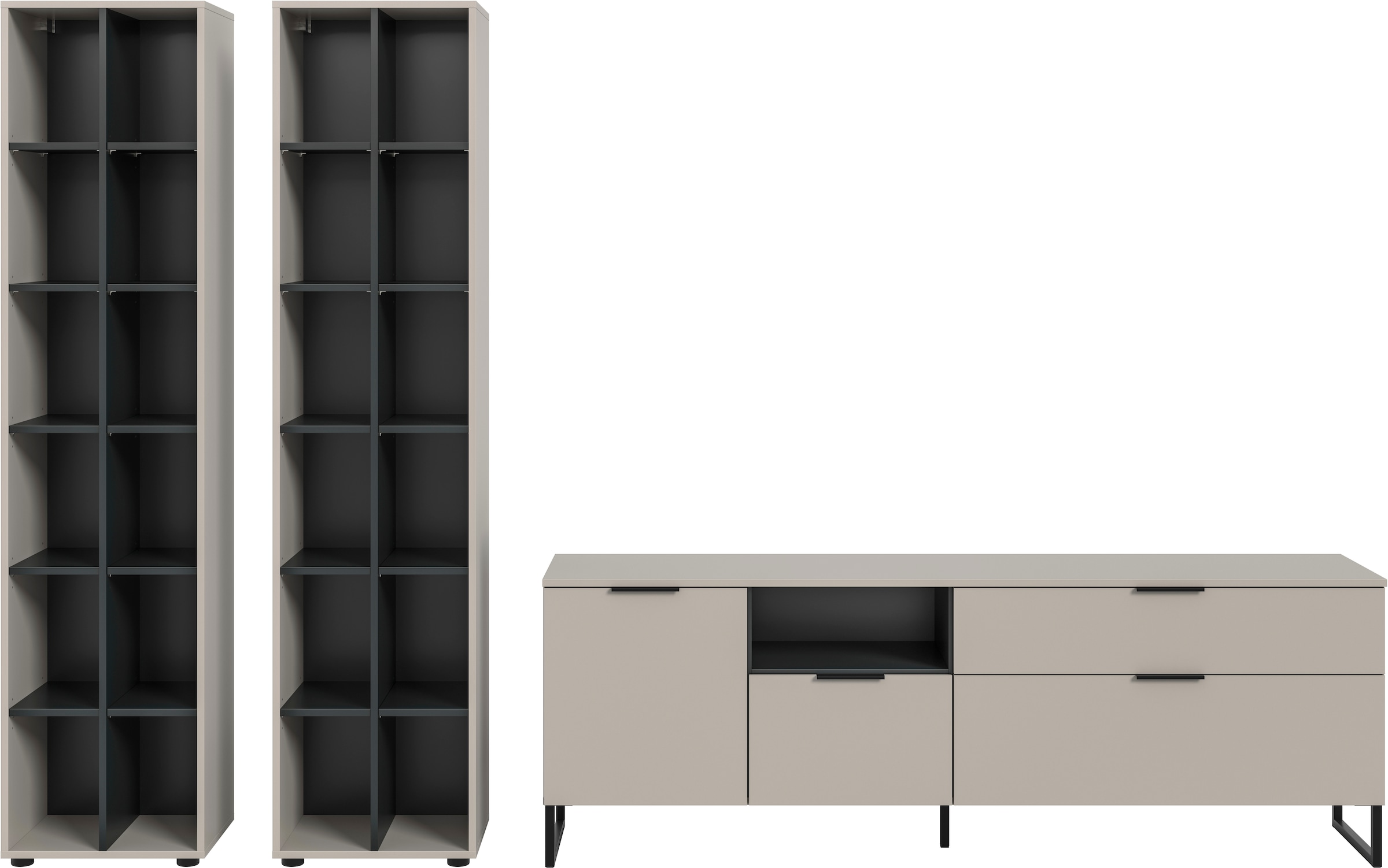 Home affaire Wohnwand »ADIO, Breite 305 cm, 3-teiliges Set, mit Metall-Kufenfüsse« Set, bestehend aus: 2x Standregal und Lowboard, 3 Stk. tlg.