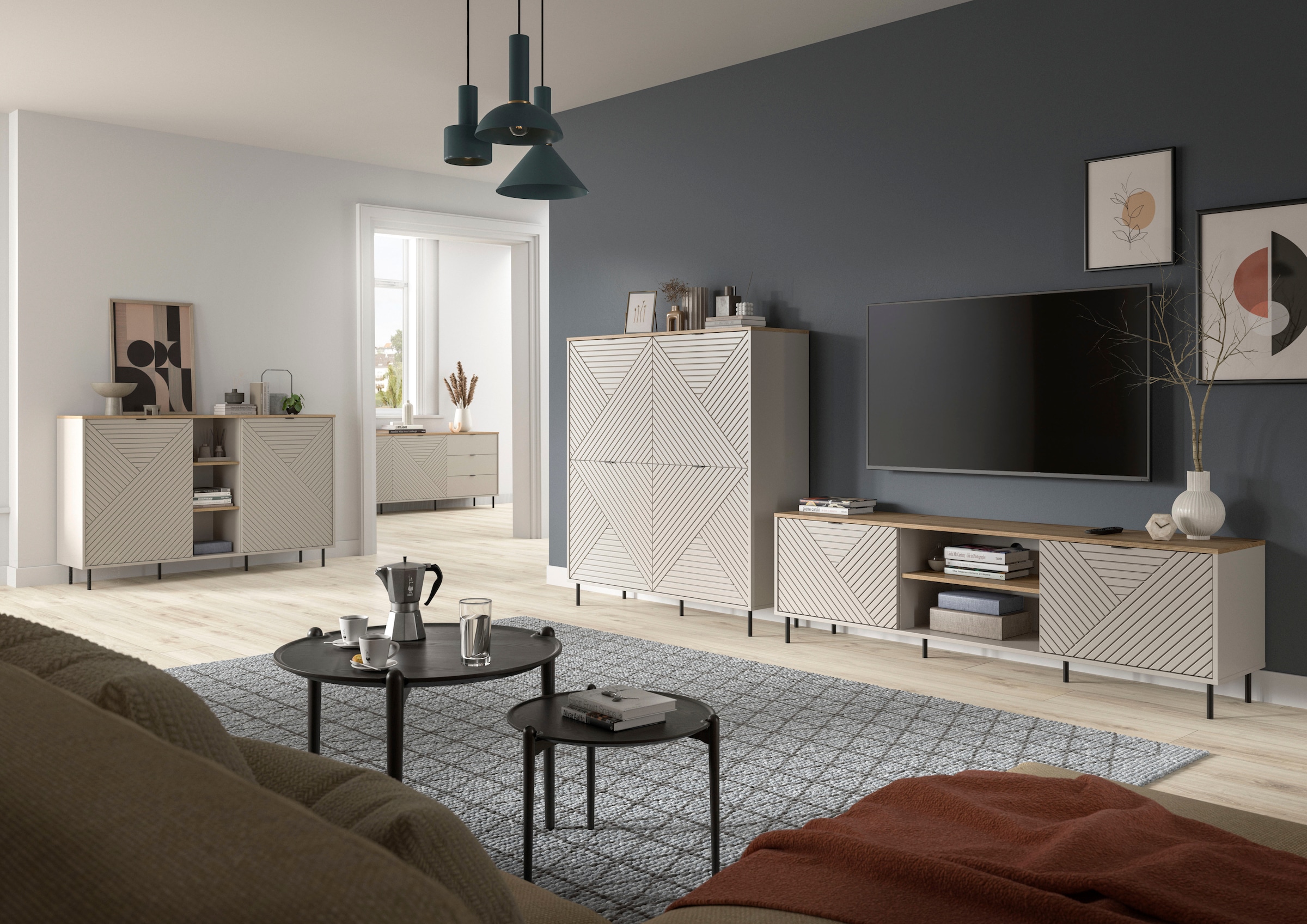 Home affaire Sideboard »RAITA, Breite 184 cm, Front mit Desgin-Fräsung, 2 Türen, viel Stauraum« moderne Farbkombi, individuell einsetzbar, Griffe & Füsse aus Metall,  Kommode, Anrichte, Schrank, Highboard, TV-Board