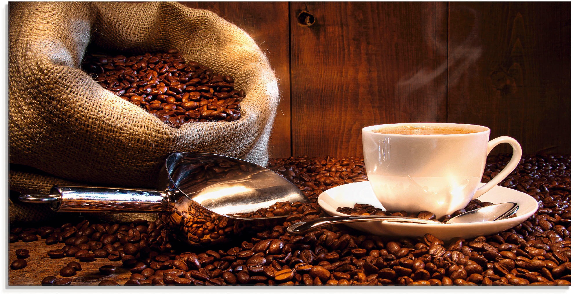 Image of Artland Glasbild "Kaffeetasse und Leinensack auf Tisch" Getränke 1 Stk. tlg. in verschiedenen Grössen