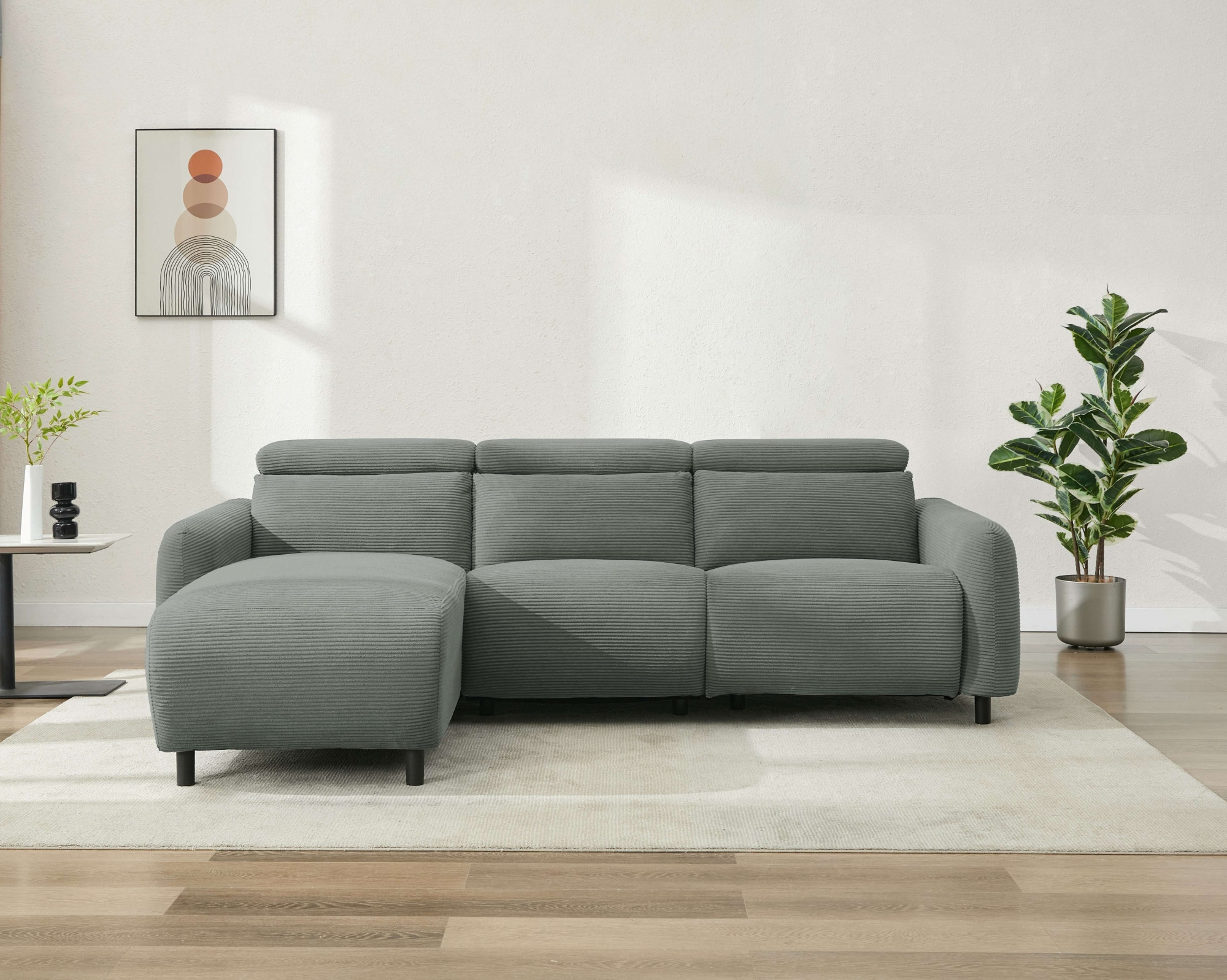 Home affaire Ecksofa »SKAANE in Cord, L-Form, 274 cm, manuelle u. elektrische Relaxfunktion,« rundes Design, Kopfteilverstellung, Federkernpolsterung