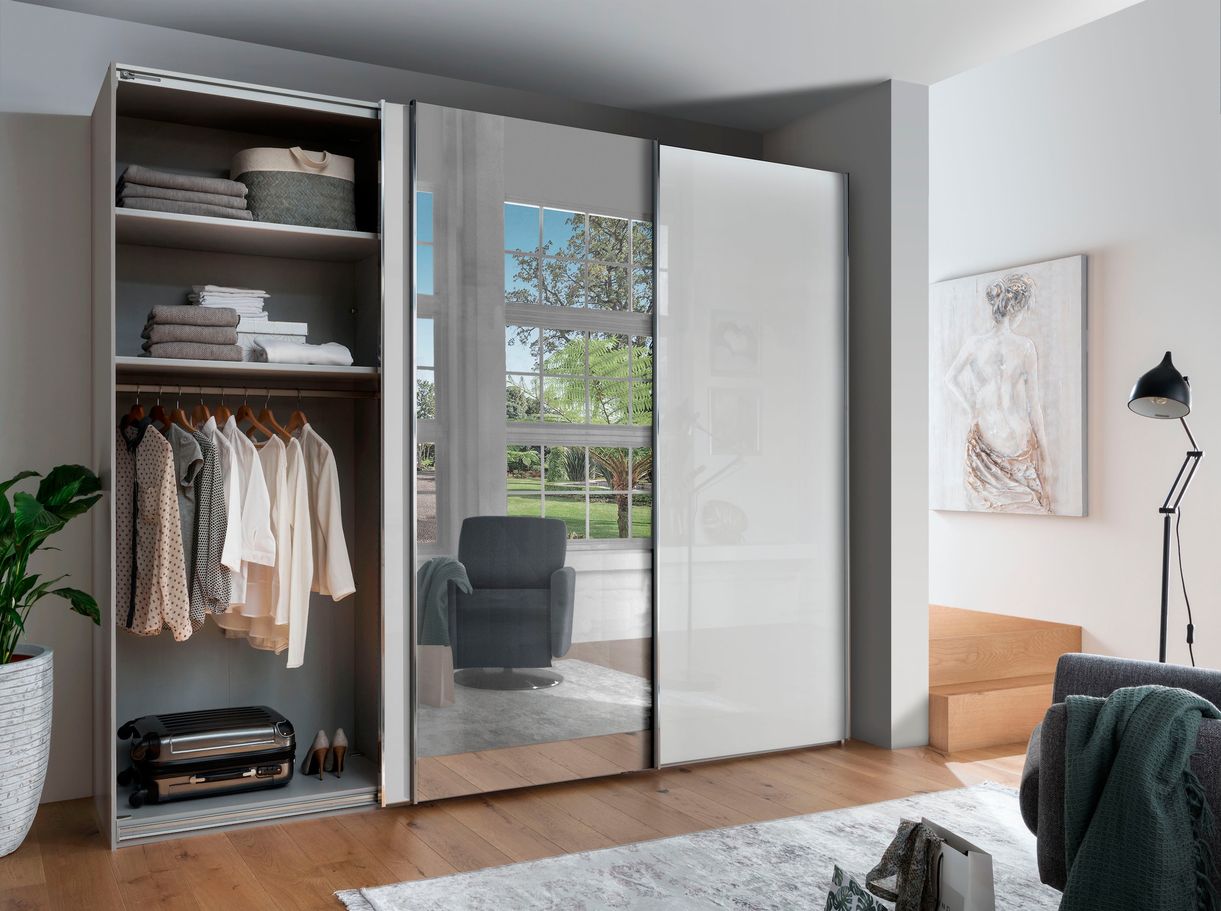 WIEMANN Schwebetürenschrank »Monaco, Kleiderschrank, Schrank, Wäscheschrank, mit Schiebetüren« 2 Breiten, 2 Höhen 216/236 cm auswählbar, MADE IN GERMANY,  hochwertige Glas- und Spiegelfront, variable Inneneinteilung