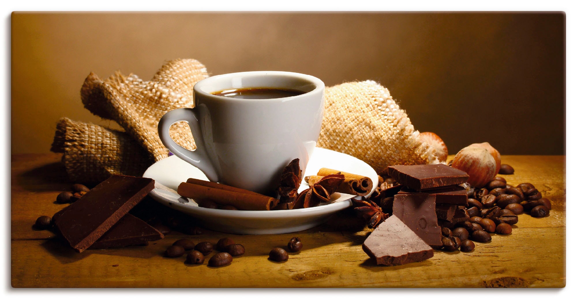 Image of Artland Leinwandbild "Kaffeetasse Zimtstange Nüsse Schokolade" Getränke 1 Stk. tlg. auf Holzrahmen gespannt