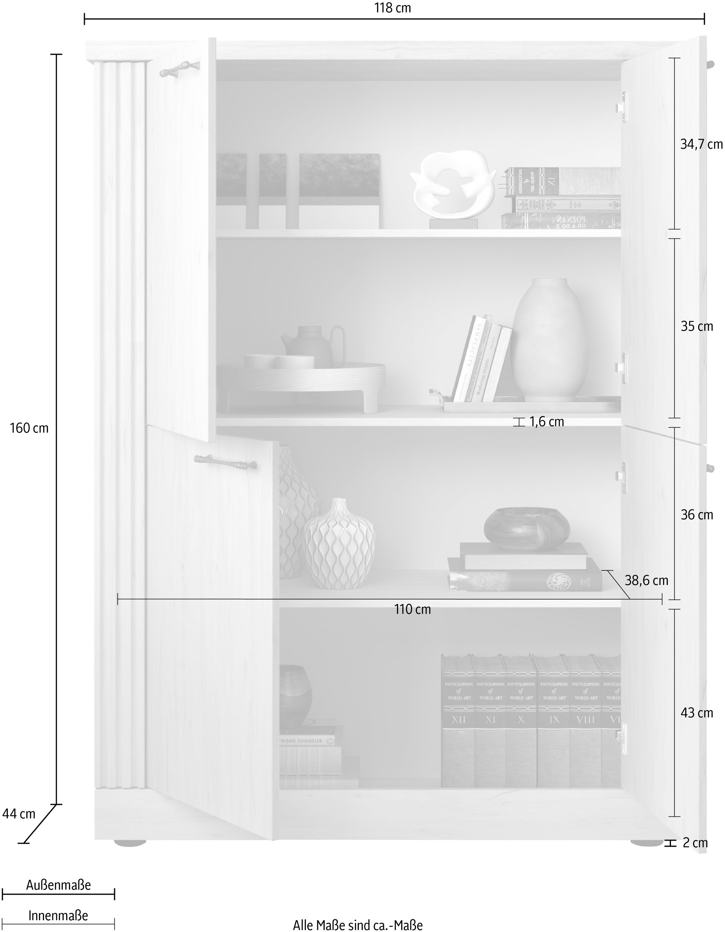 Home affaire Highboard »Country Höhe 160 cm u. Breite 118 cm, Kommode mit 4 Türen,«, Schrank im Landhausstil, viel Stauraum, mit Metallgriffe, MDF-Rahmen
