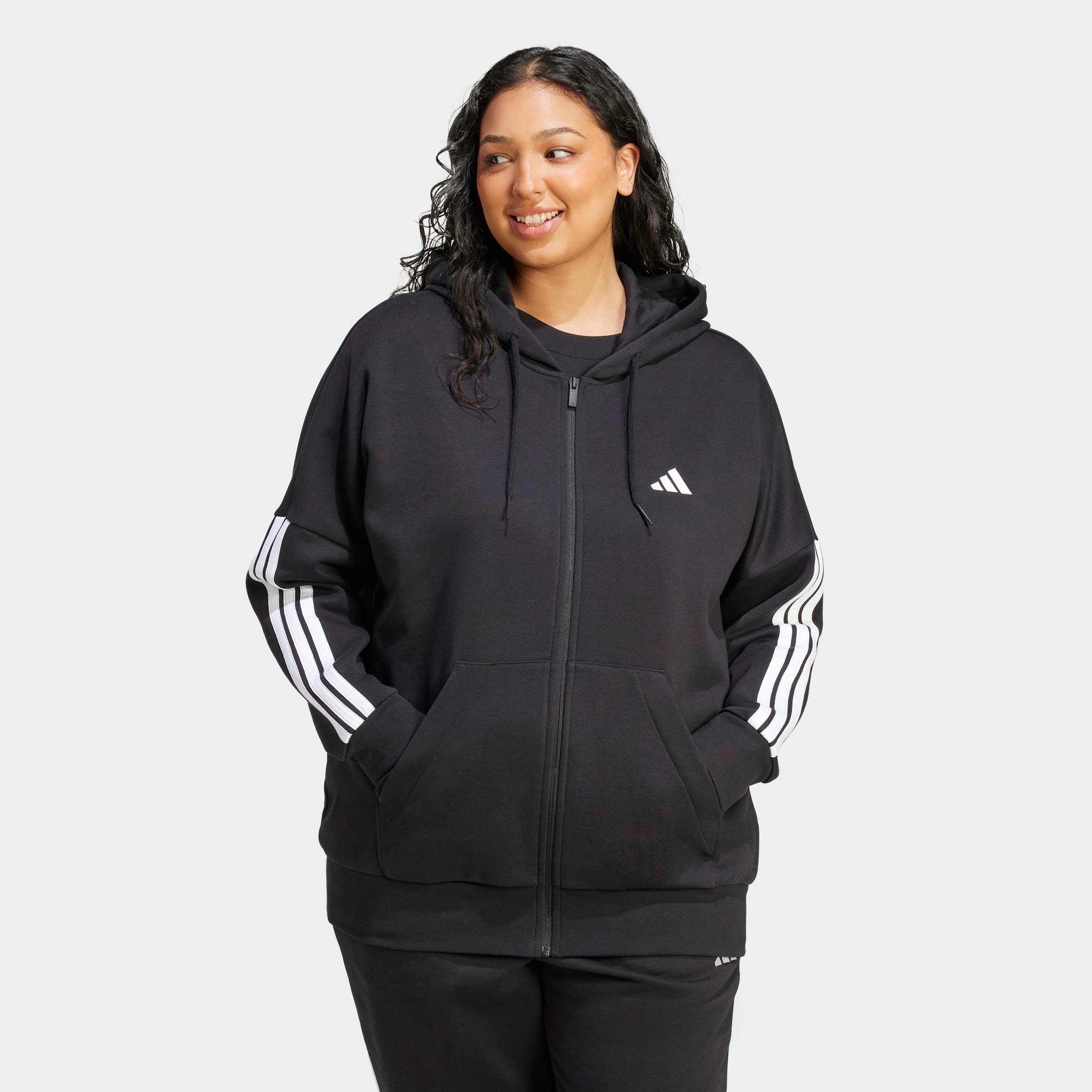 Image of adidas Sportswear Kapuzensweatjacke "ESSENTIALS 3-STREIFEN FULL-ZIP FLEECE (GROSSE GRÖSSEN)" mit Kapuze, in normaler Länge