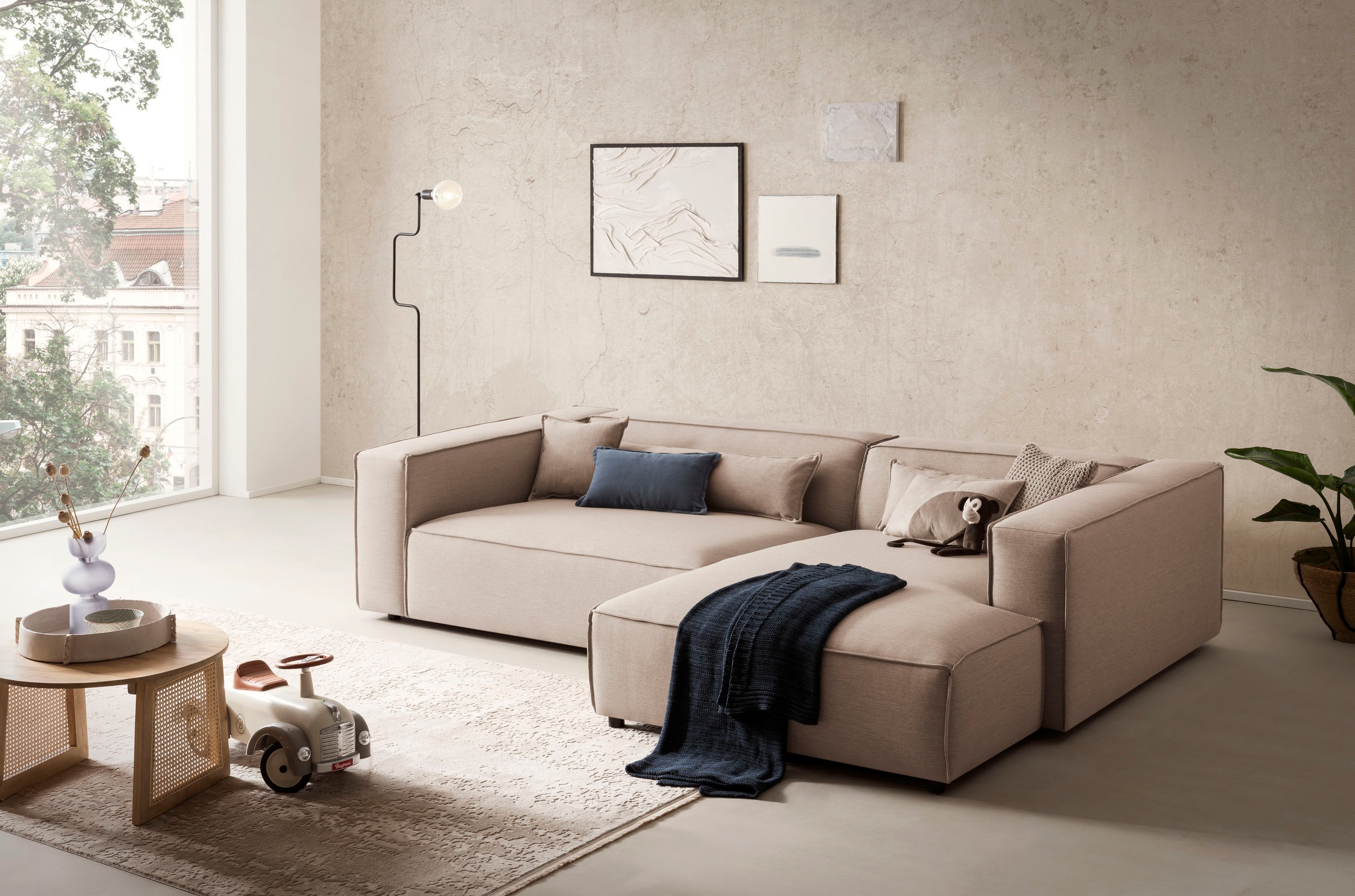 LeGer Home by Lena Gercke Ecksofa »PIARA XXL, Big-Sofa in Cord oder Leinenoptik, L-Form, mit Kedernaht«, wahlweise Ottomane rechts/links, schwarze Füsse, extra tiefe Sitzfläche