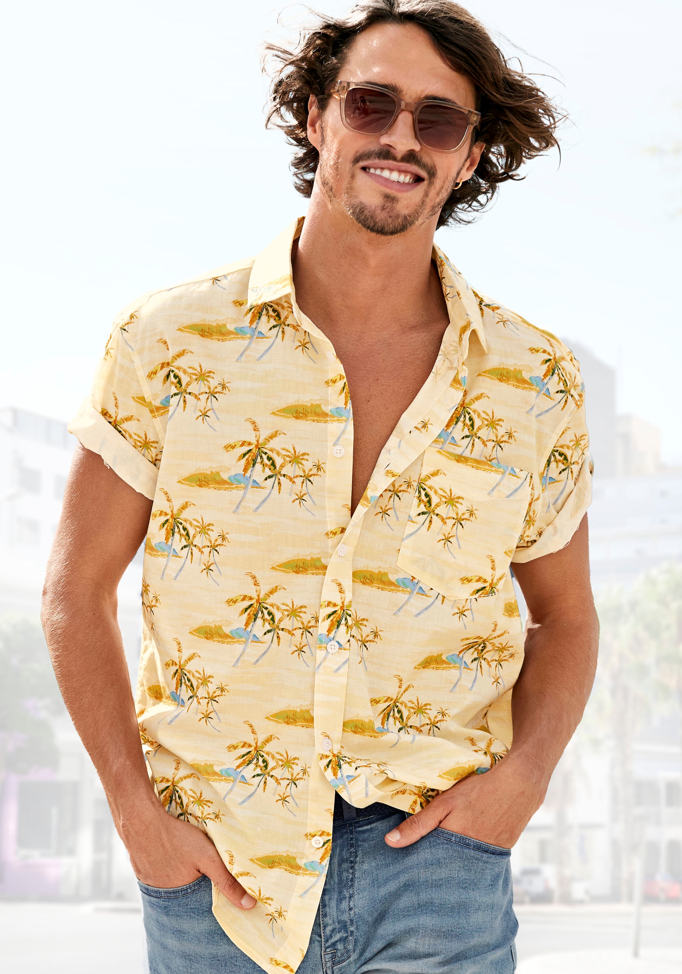 Hawaiihemd, Regular Fit, Kurzarm, Freizeithemd mit Palmenprint, reine Baumwolle