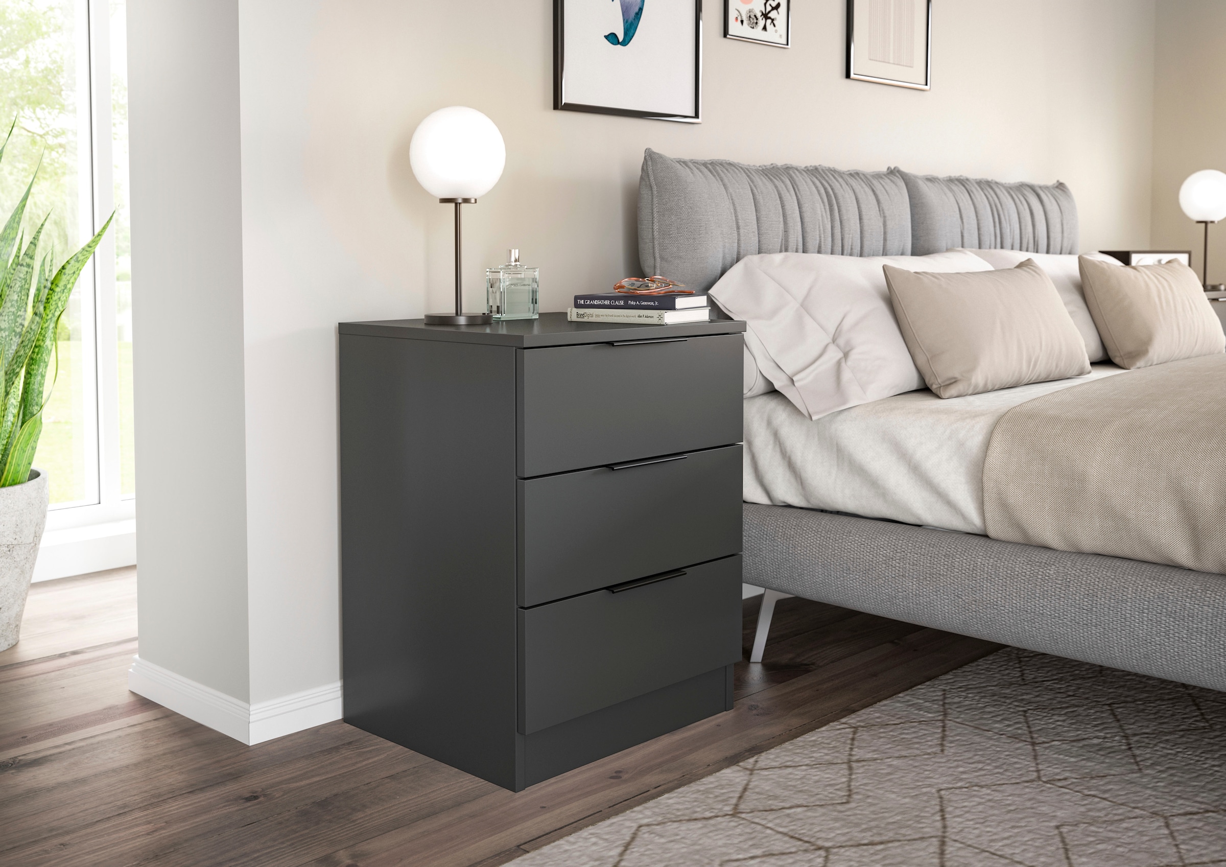 Home affaire Table de nuit »Skarde 2 Nachttische, jeweils Breite: 45 cm« Ensemble, Sie bekommen 2  Nachttische im Set, 2 cuis tlg. Skarde, 2er Set Nachtkommoden, 3 Schubkästen, anthrazit