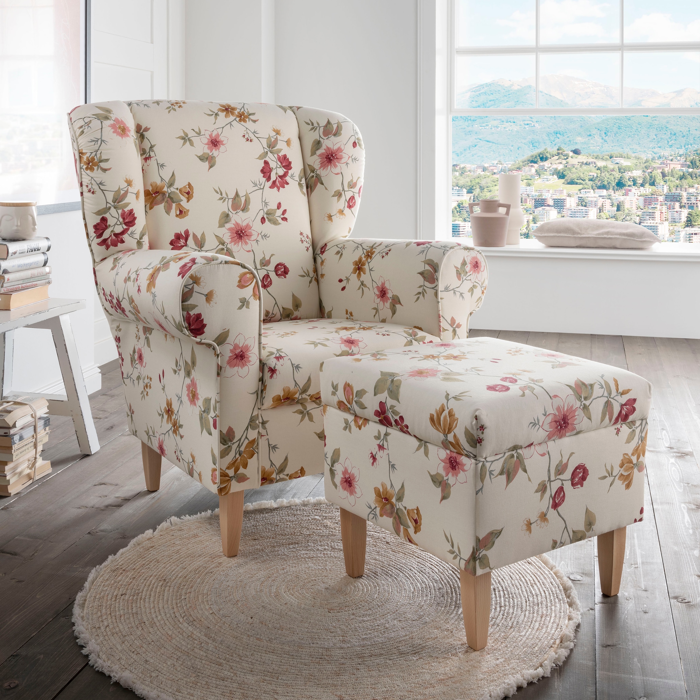 Home affaire Fauteuil »Asino« mit Hahnentritt Bezug, wahlweise mit Hocker