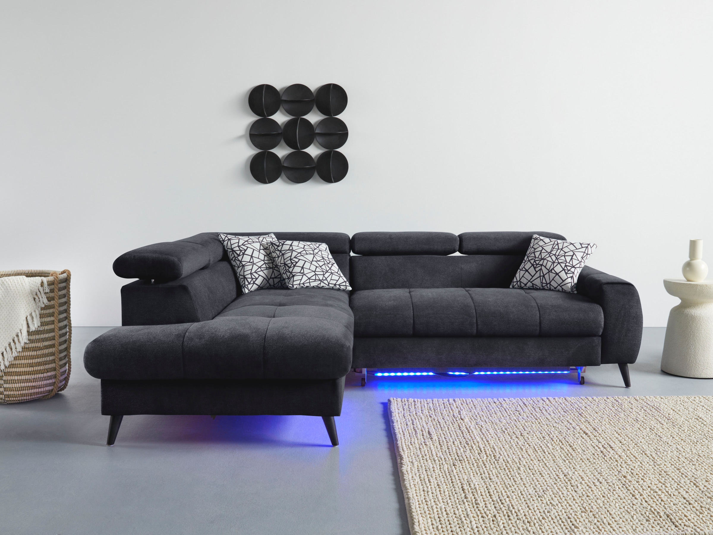 COTTA Ecksofa »Mia L-Form mit 3 Zierkissen«, wahlweise mit Bettfunktion, Bettkasten, Beleuchtung & Wireless-Charger