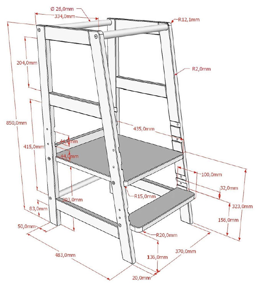 Vipack Chaise pour enfant »Lernturm aus Massivholz, stabil und standfest gebaut« () Surface de marche et de stationnement réglable en 3 positions, 3 couleurs différentes
