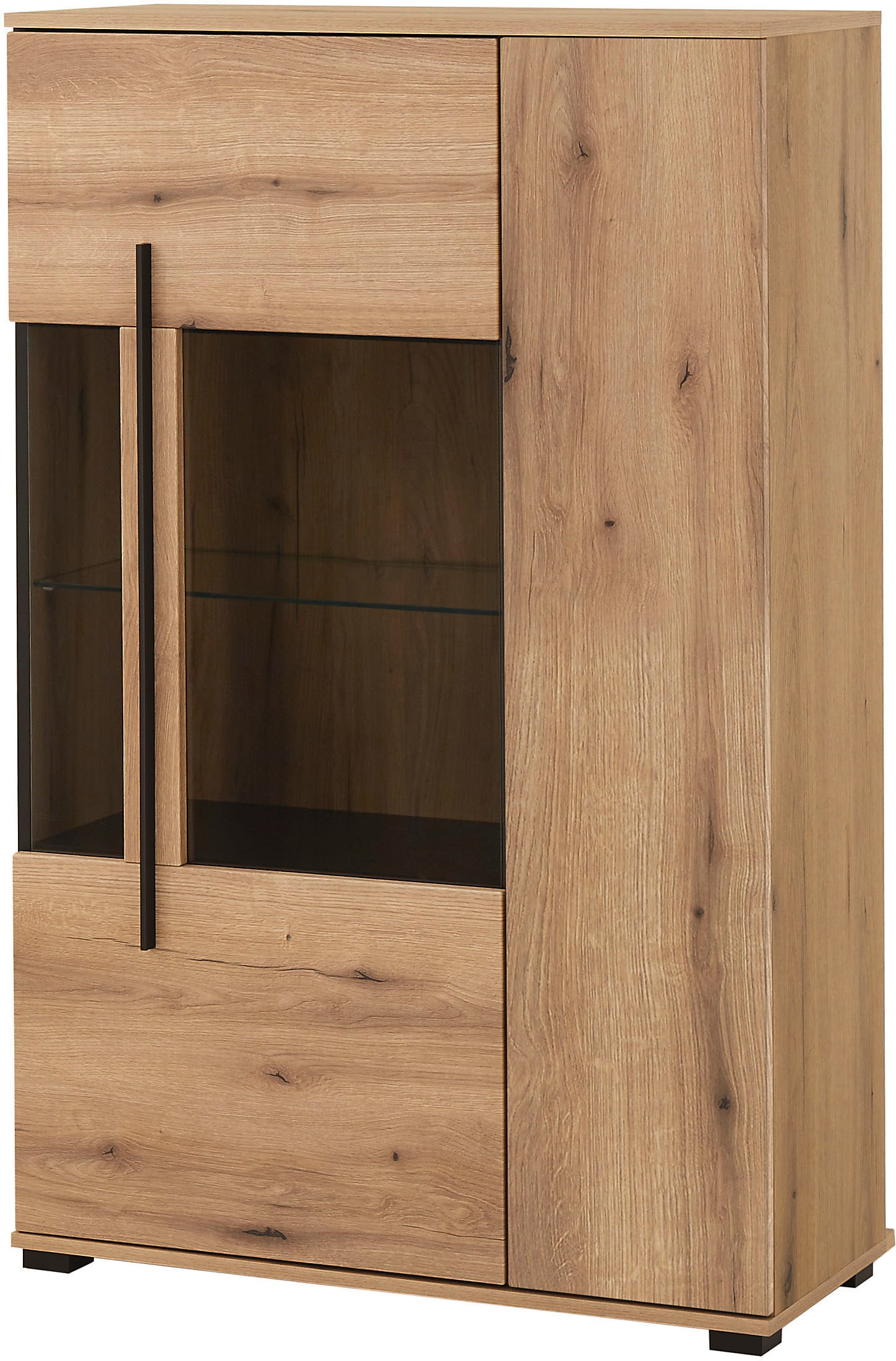 INOSIGN Vitrine »Cantara, Vitrinenschrank in Eiche Evoke oder weiss, Standvitrine«, schwarzer Stangengriff, ausreichend Stauraum, vielseitig einsetzbar
