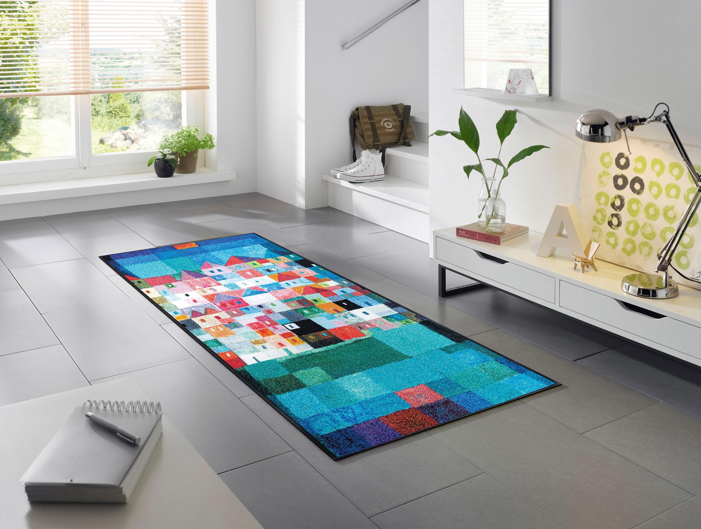 Paillasson 75x120 cm rectangulaire colourful houses tx bleu entrée adapté au chauffage par le sol
