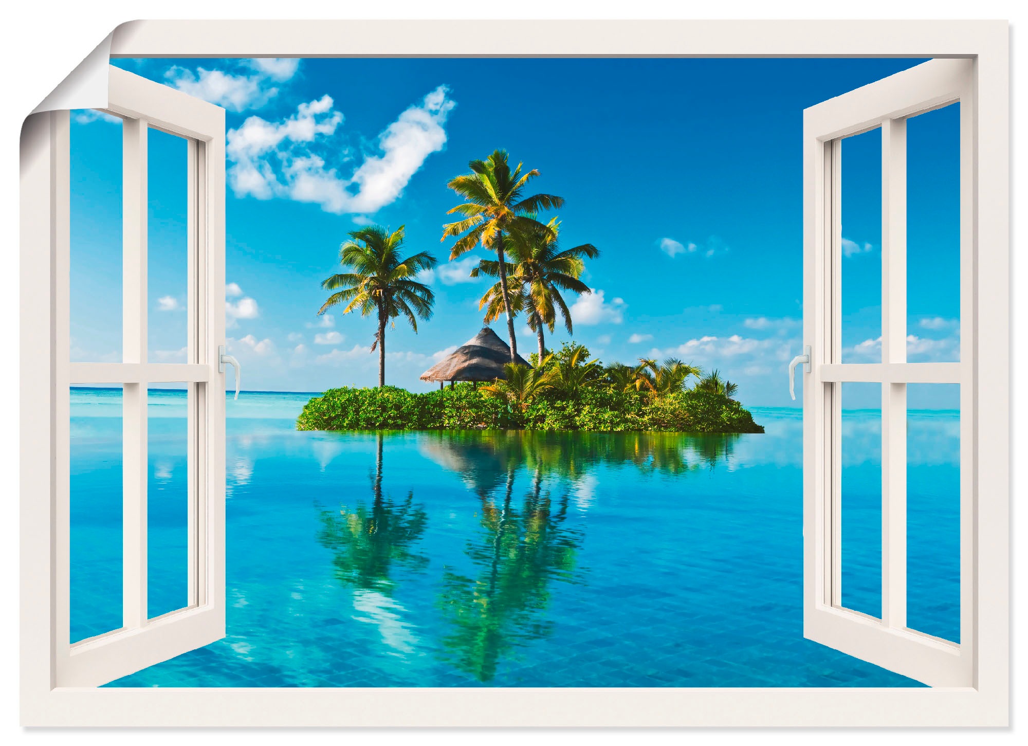 Image of Artland Wandbild »Fensterblick Insel Palmen Meer«, Fensterblick, (1 St.), in vielen Grössen & Produktarten -Leinwandbild, Poster, Wandaufkleber / Wandtattoo auch für Badezimmer geeignet bei Ackermann Versand Schweiz