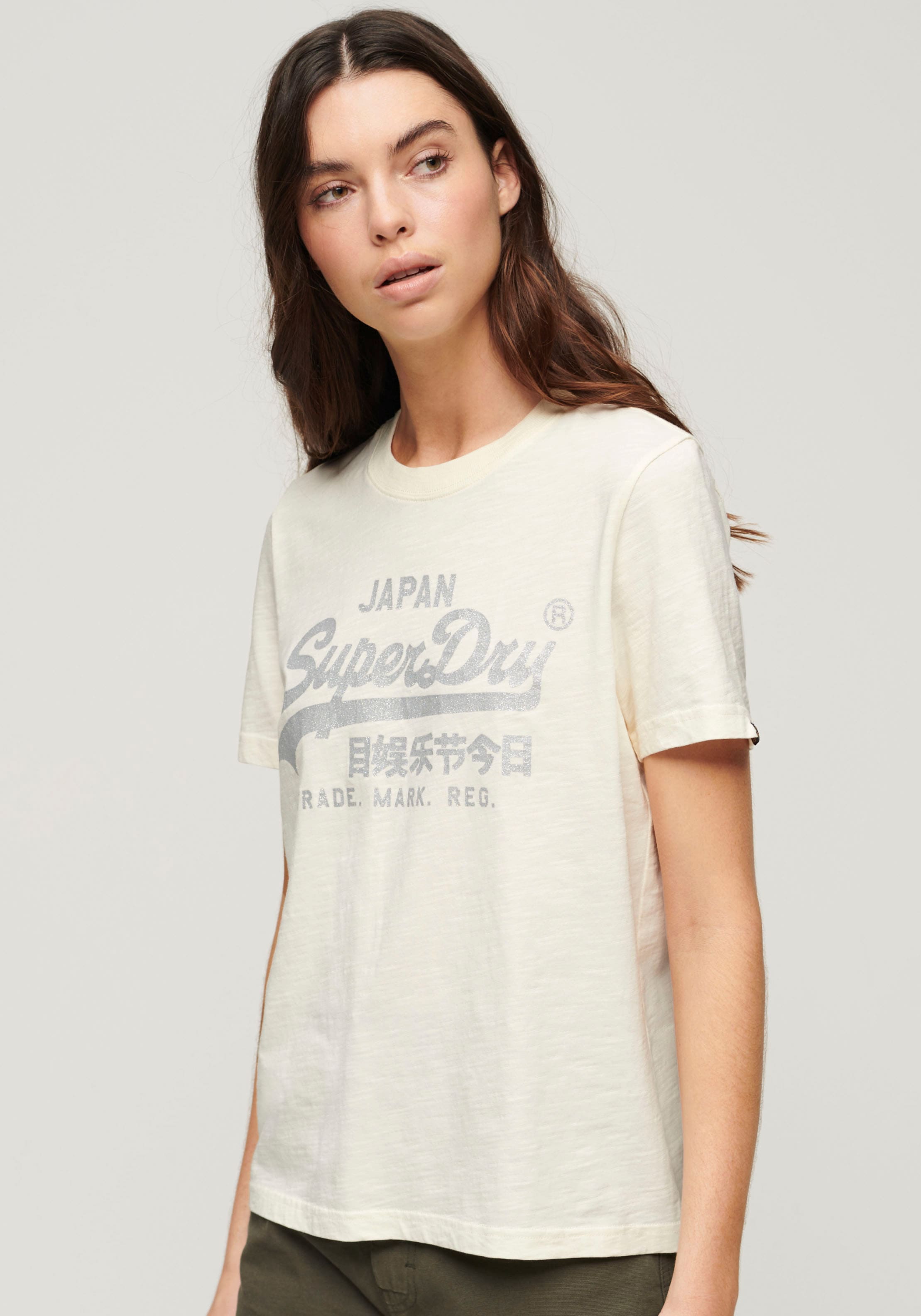 Superdry T-Shirt »METALLIC VL RELAXED T SHIRT«, Print-Shirt mit glitzerndem Logo-Druck