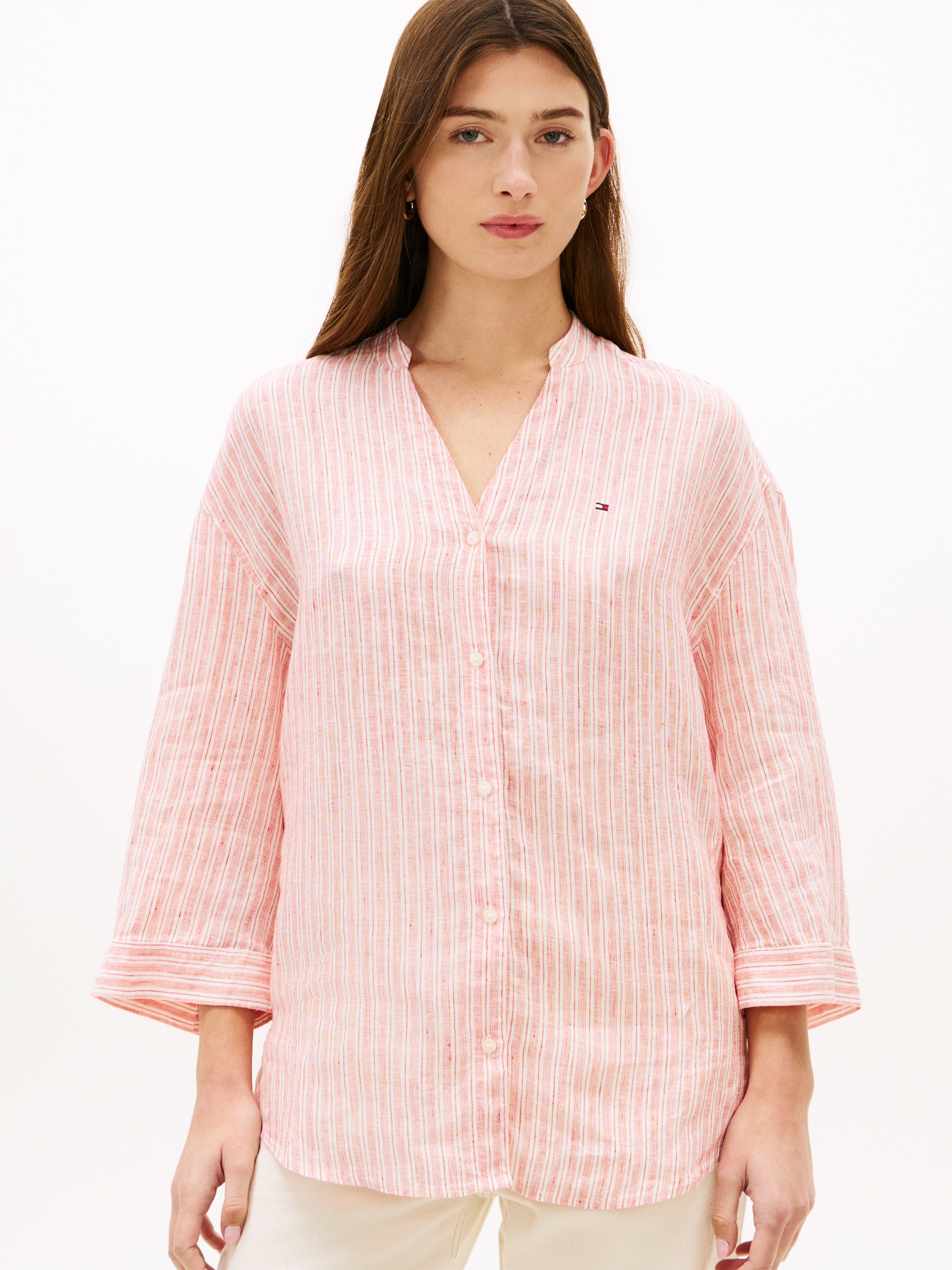 Image of Tommy Hilfiger Shirtbluse "ESS LINEN COLLARLESS SHIRT" mit Logo-Stickerei