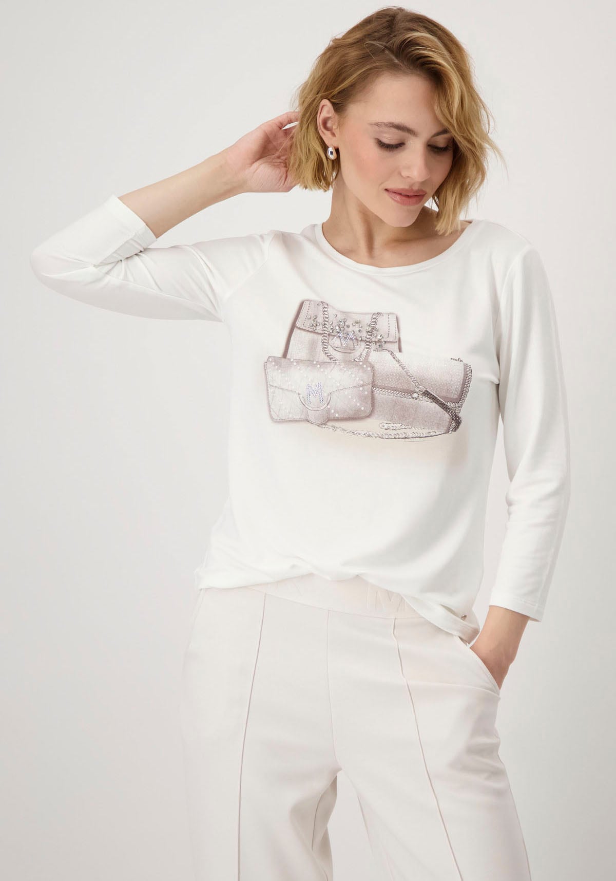 Monari Rundhalsshirt, mit Frontprint und Glitzernieten