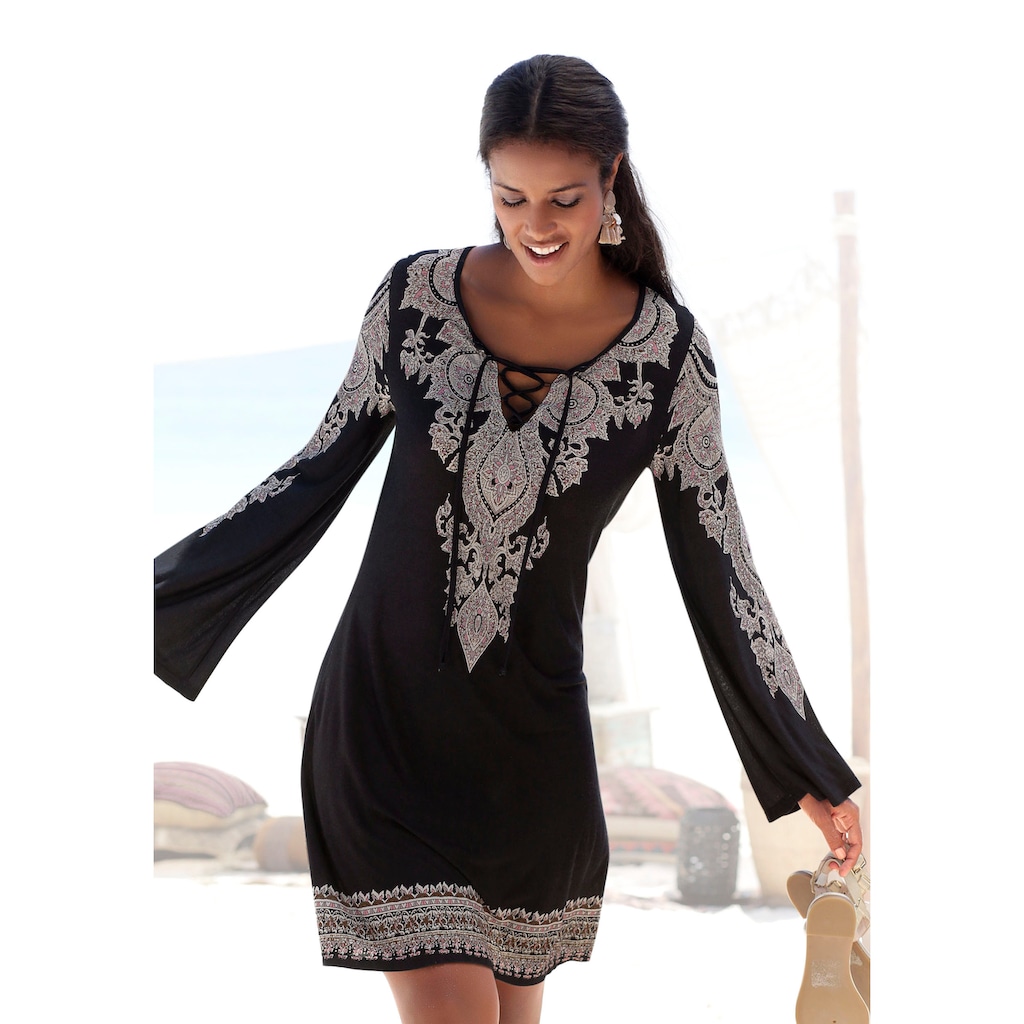 LASCANA Jerseykleid, mit Bordürendruck und Schnürung am Ausschnitt, Sommerkleid