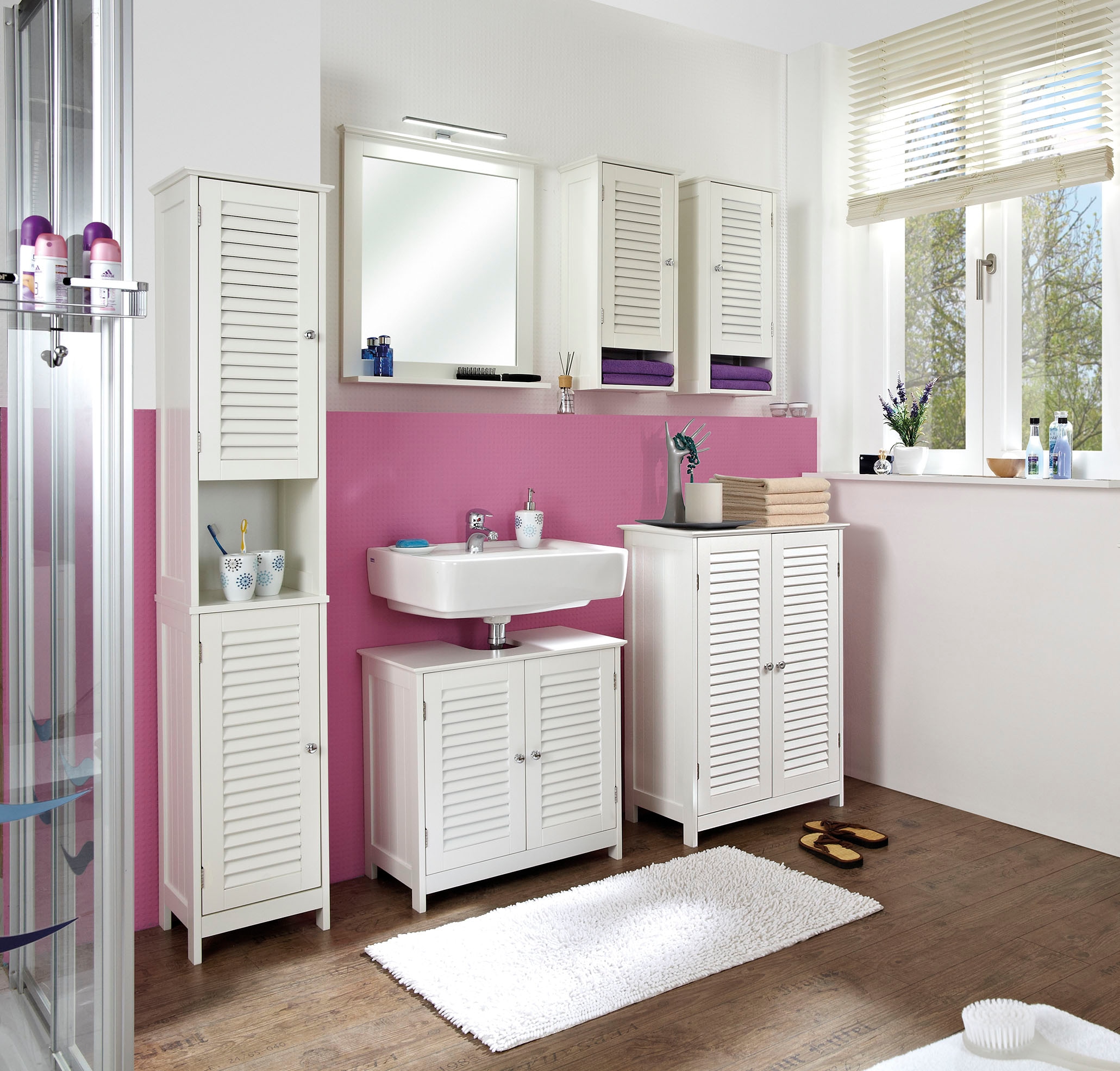 Saphir Armoire haute »Quickset 928 Badschrank 32 cm breit, 2 Türen, Nische, 3 Einlegeböden« armoire haute de salle de bain, blanc avec boutons, style campagne