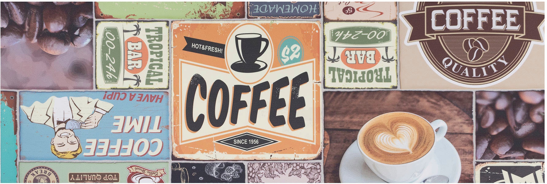 Image of Primaflor-Ideen in Textil Vinyl-Läufer "Küchenläufer COFFEE TIME, Made in Belgium" rechteckig 2,5 mm Höhe aus Vinyl, abwischbar, Patchwork Design, Motiv Kaffee, Küche