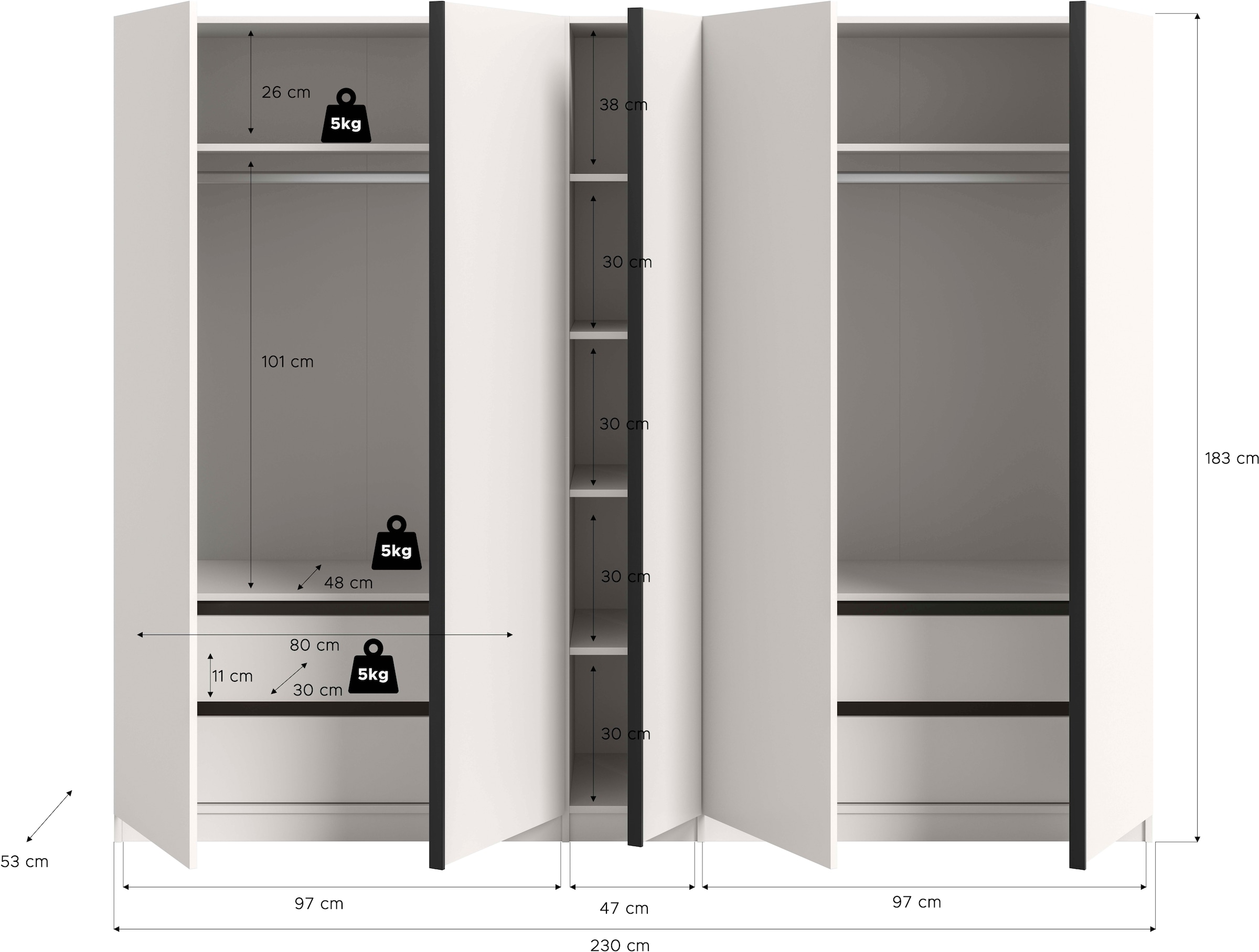 Home affaire Kleiderschrank »BENDINGO, Schlafzimmerschrank, Schrank, Garderobenschrank« OTTO BESTSELLER, Garderobe & Schlafzimmer,  Breite 230cm, weiss, 5-türig, 2 Kleiderstangen, 6 Böden, 4 Schubladen