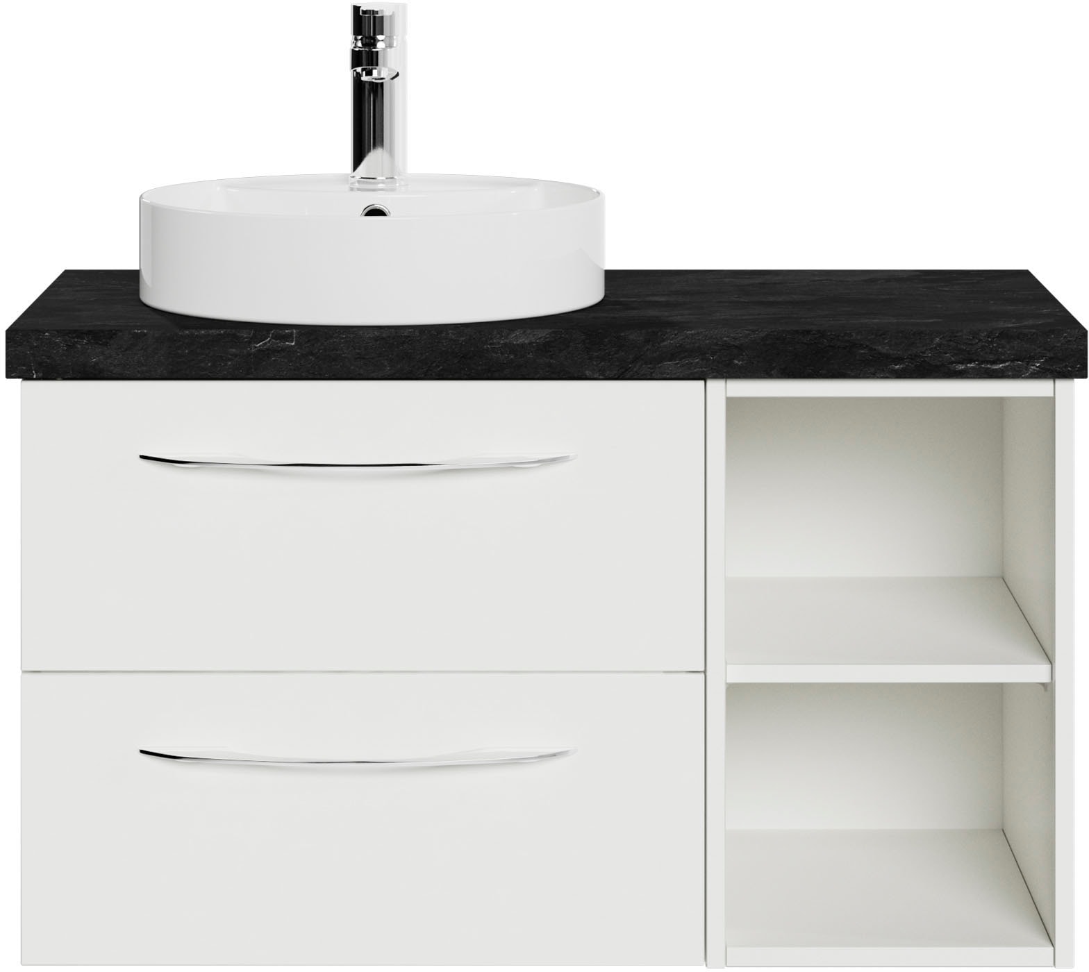 Image of Saphir Waschtisch "Serie 4035 Keramik-Aufsatzbecken mit Unterschrank, 88 cm breit" Waschplatz mit 2 Schubladen, Regalfächer, Griffe in Chrom Glanz