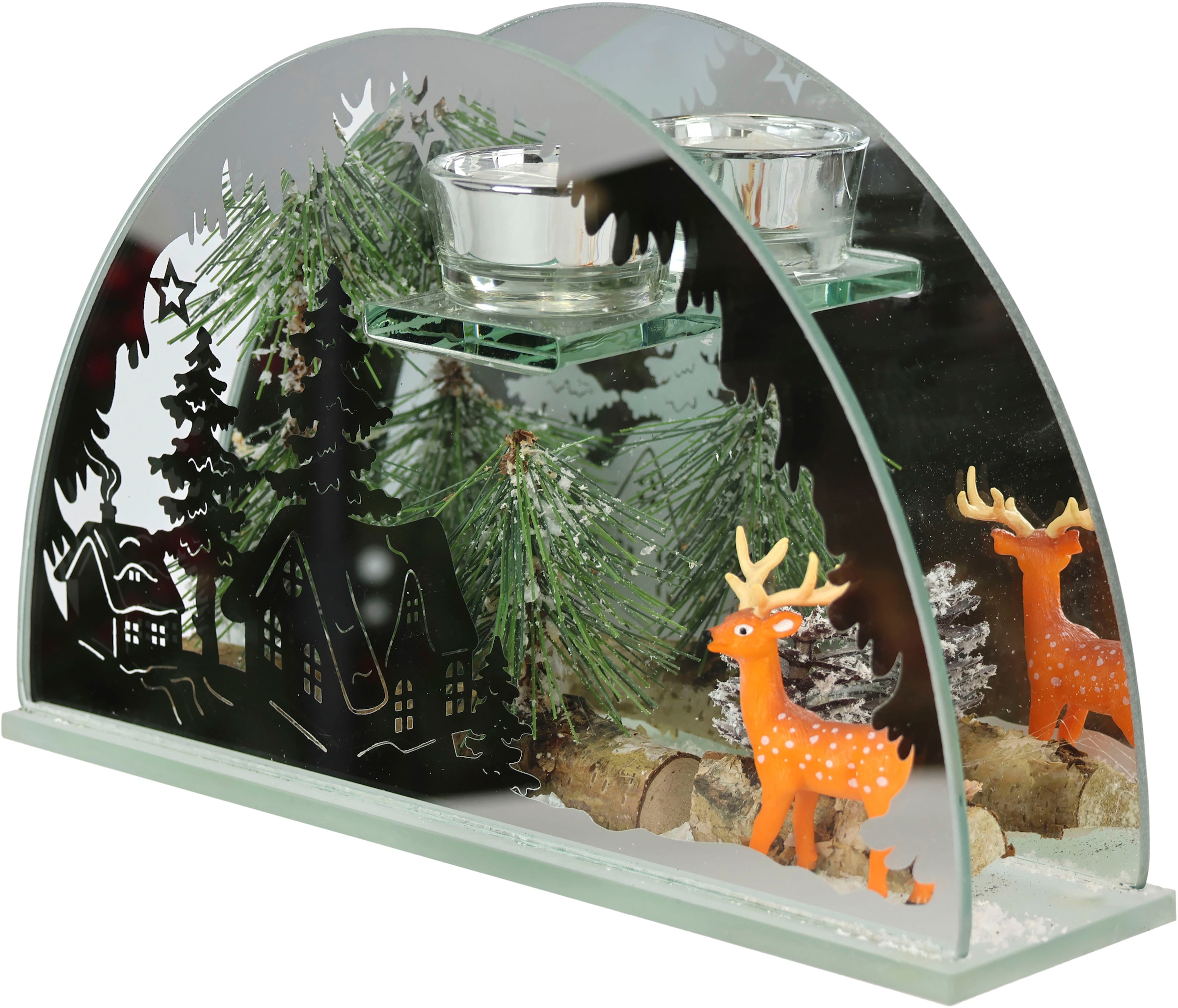 I.GE.A. Teelichthalter »Weihnachtsdeko, Kerzenhalter, Deko-Objekt«, (1 St.), aus Spiegelglas, mit Hirsch-Deko in Winterlandschaft, Höhe ca. 15 cm