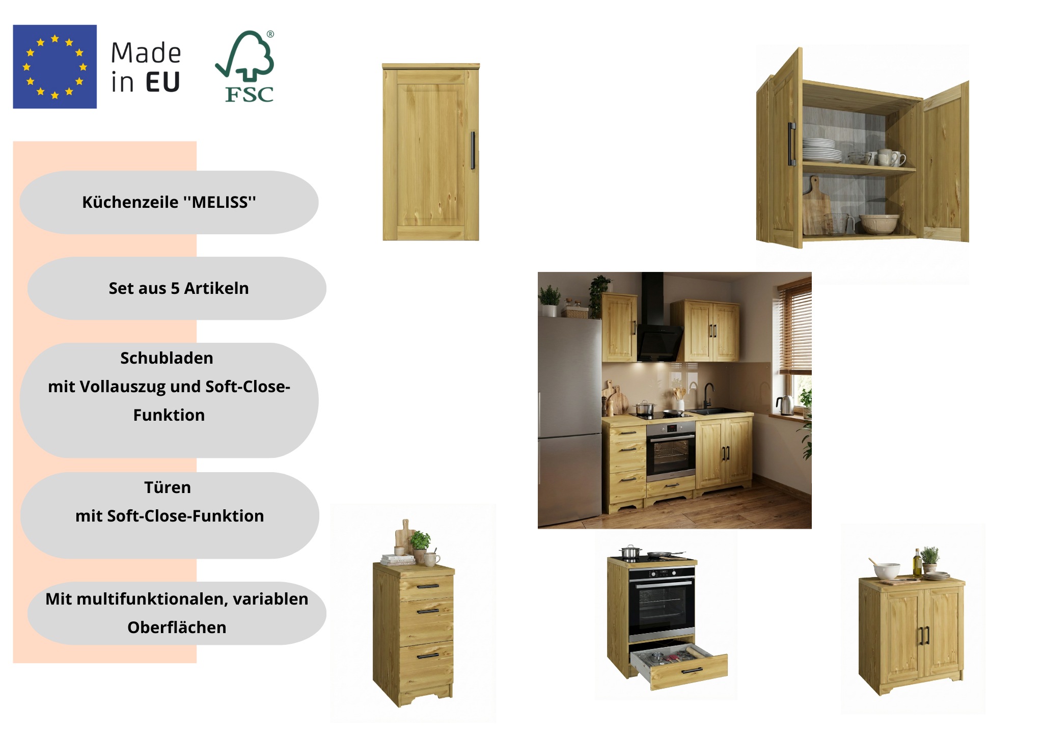 Home affaire Küchenzeile "Meliss" aus massiver Kiefer, mit Soft-Close-Funktion, 5-teiliges Set