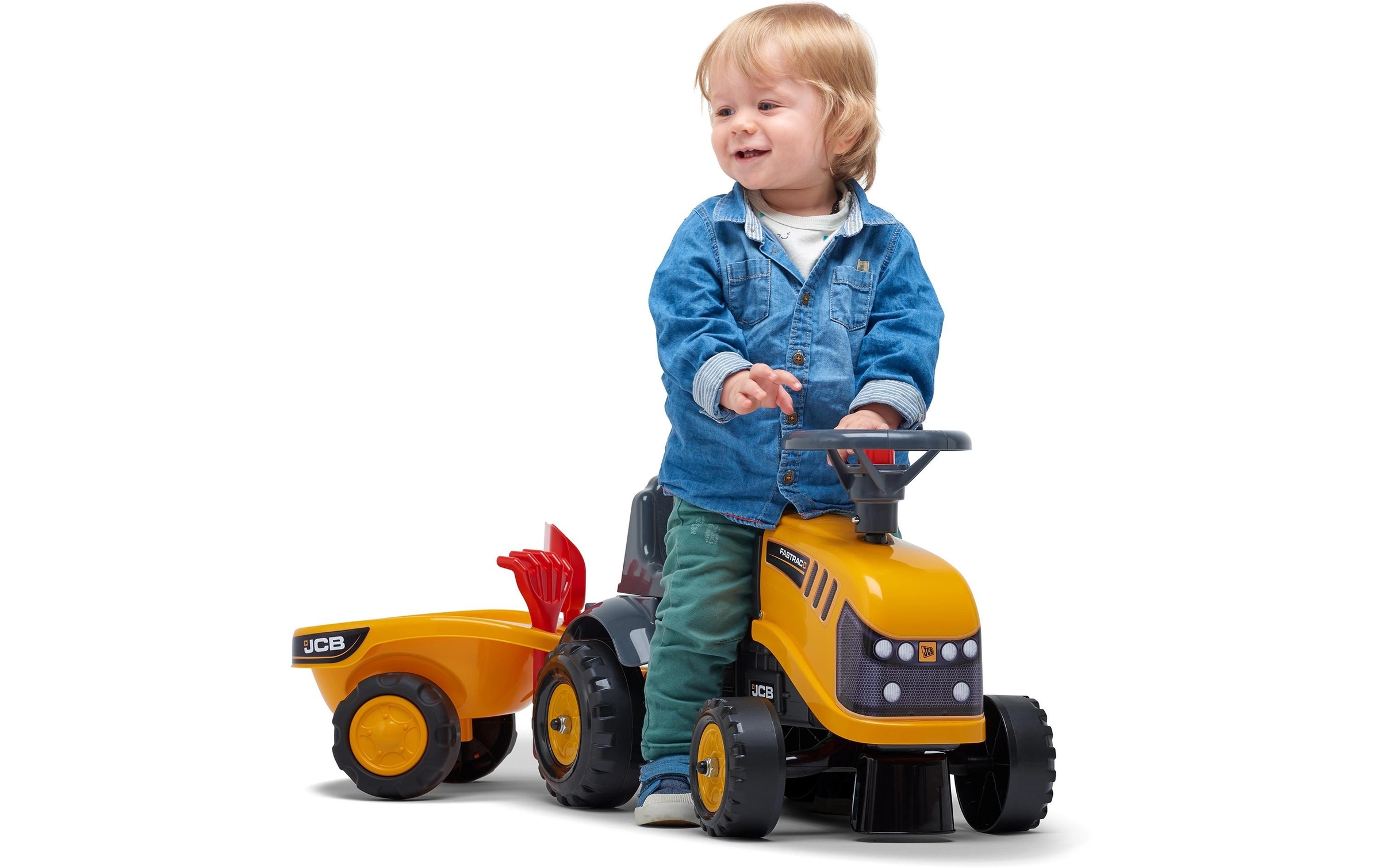 Falk Baby JCB ride-on tractor with trailer, rake and shovel F215C