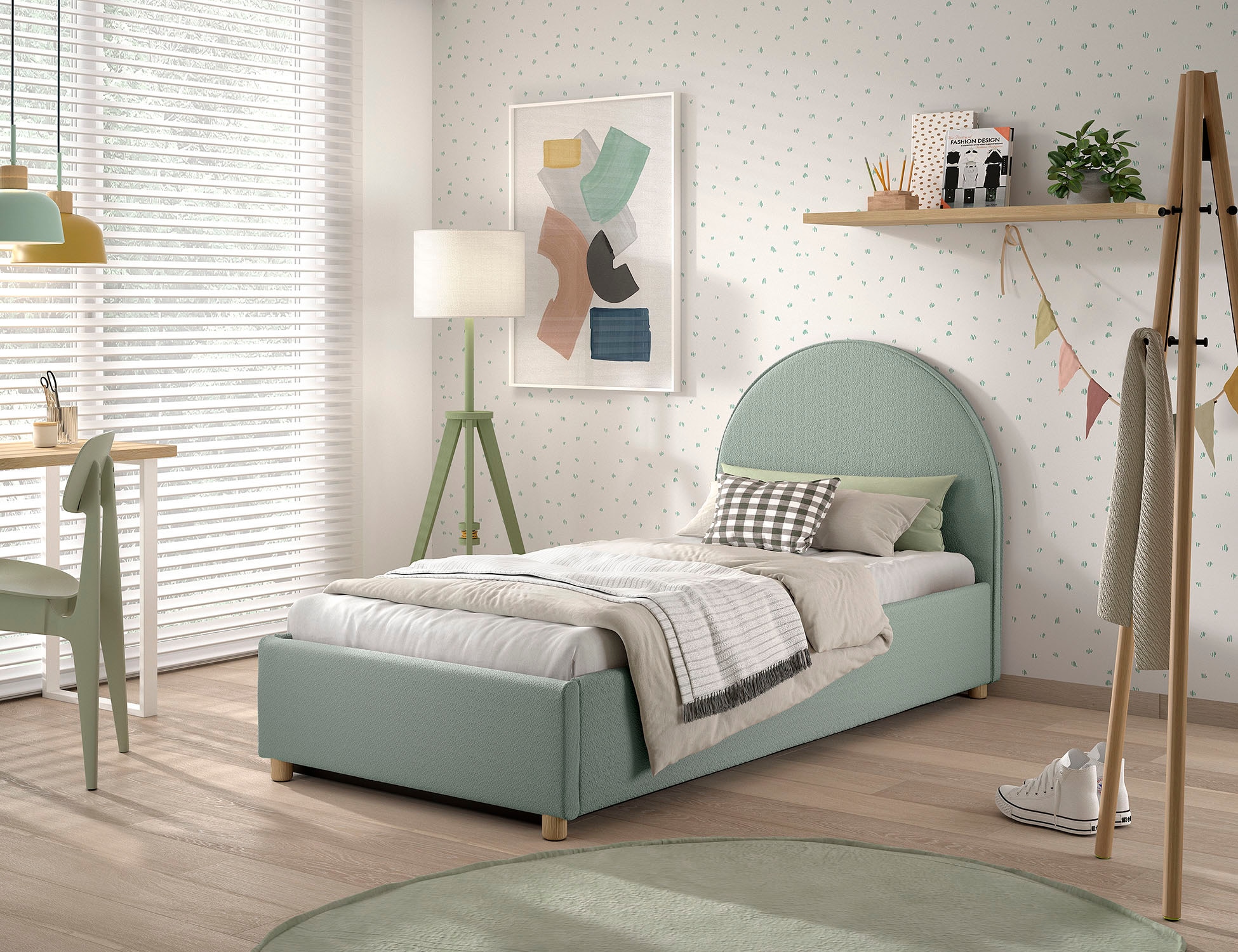 Vipack Boxbett »Moon, mit Lattenrost und Stauraum, modernes Design« gerundetes Kopfteil und in 2 Breiten erhältlich,  inkl. Massivholz Füssen in natur, 3 Stoff Farben zur Auswahl