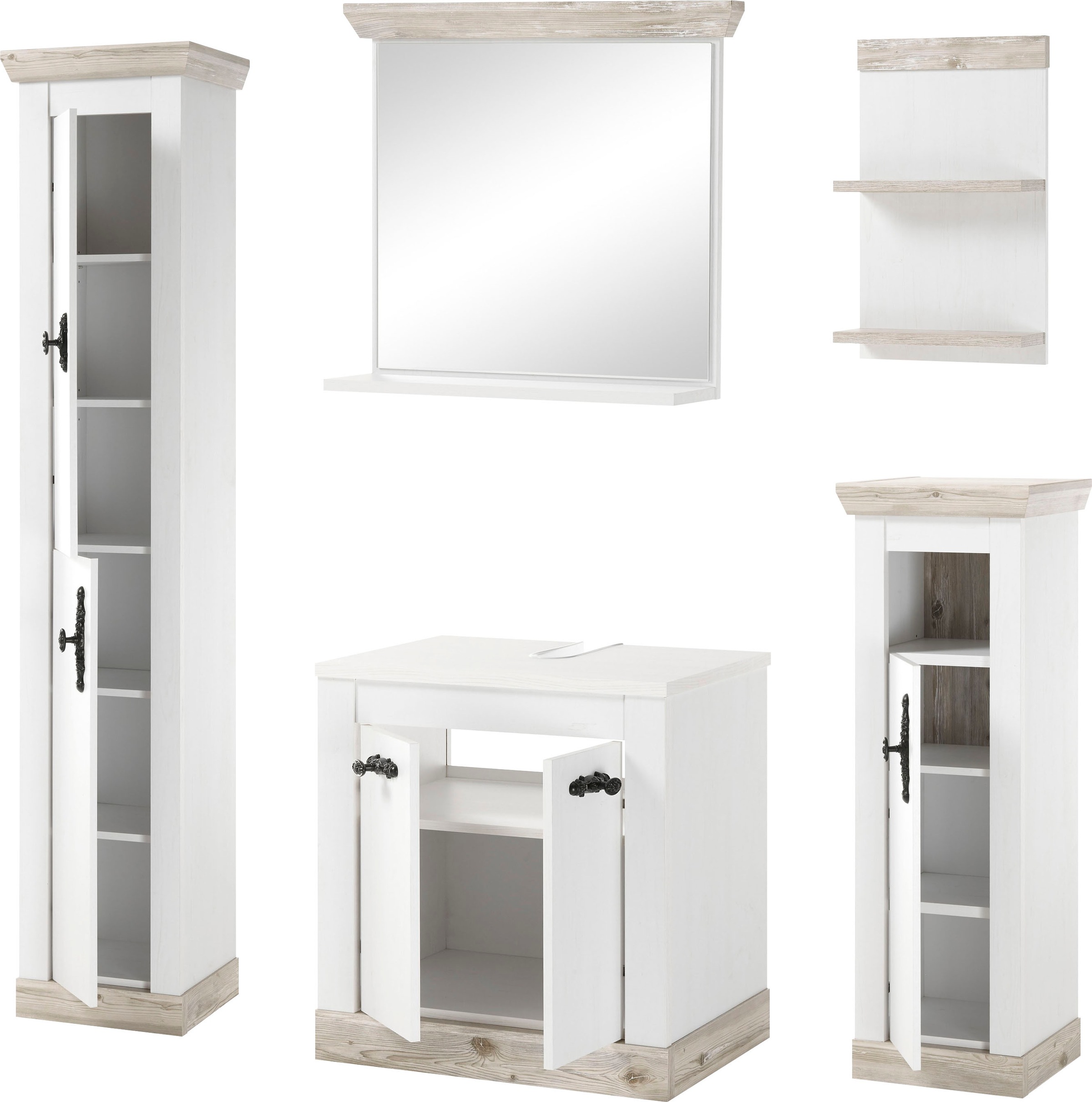Home affaire Badmöbel-Set »Florenz, Bad im Landhausstil, 5-teiliges Badezimmer«, (5 St.), Unterschrank, Schränke, Wandregal und Spiegel, in Pinie Weiss, Stauraum