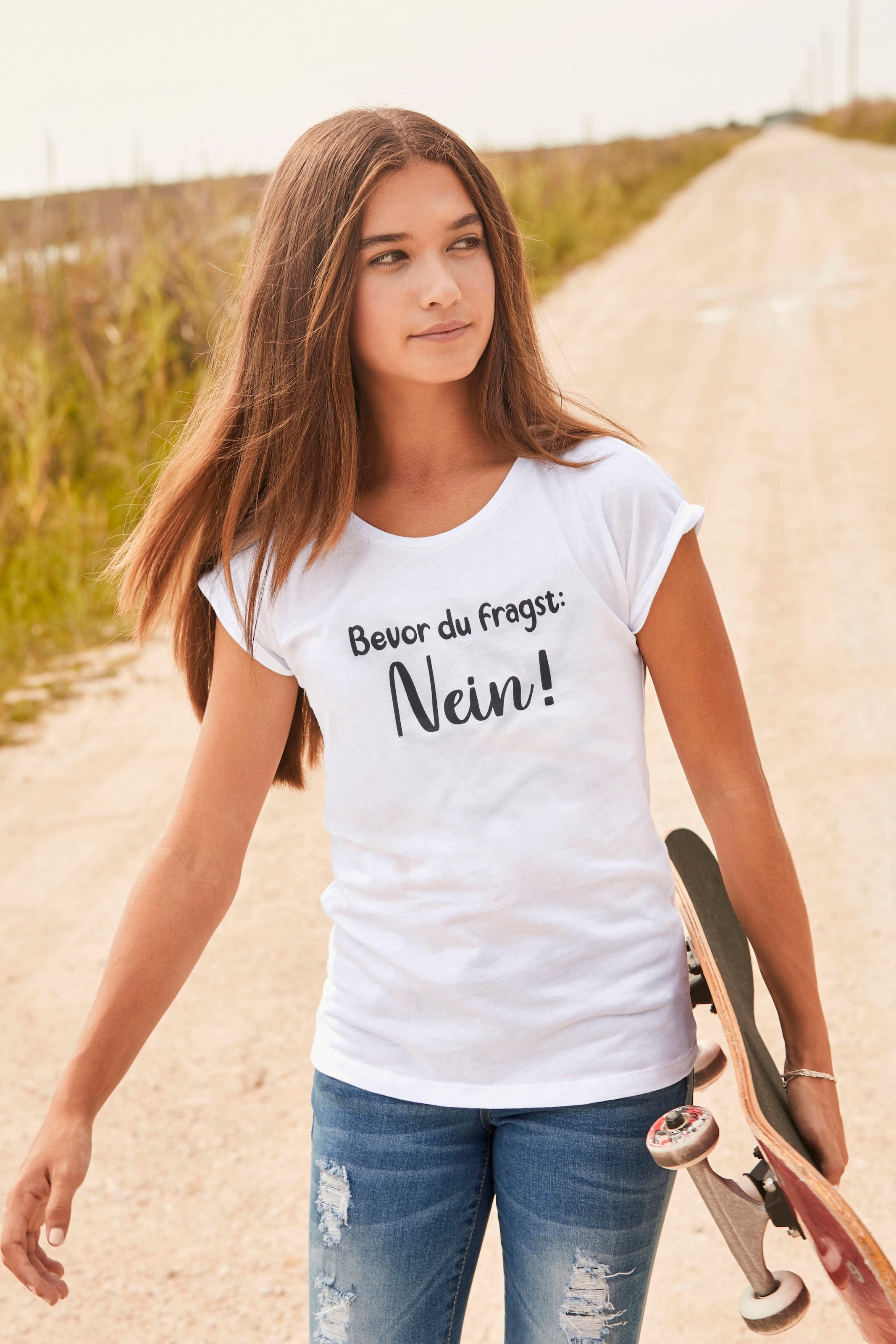 weiter T-Shirt Trendige Mindestbestellwert »Bevor kaufen legerer KIDSWORLD fragst: Form in Du ohne NEIN!«,