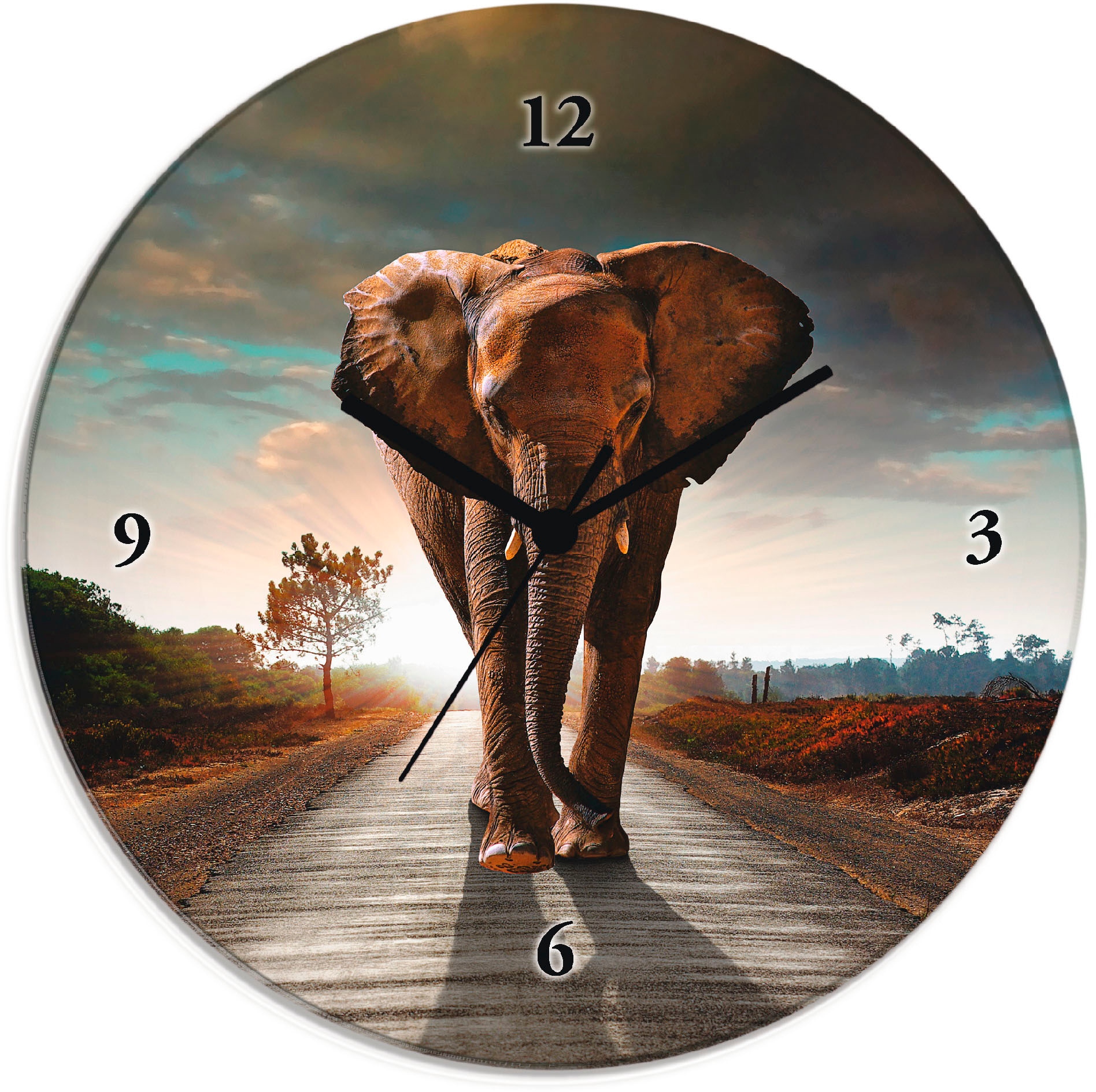 Image of Artland Wanduhr "Ein Elefant läuft auf der Strasse" wahlweise mit Quarz- oder Funkuhrwerk, lautlos ohne Tickgeräusche