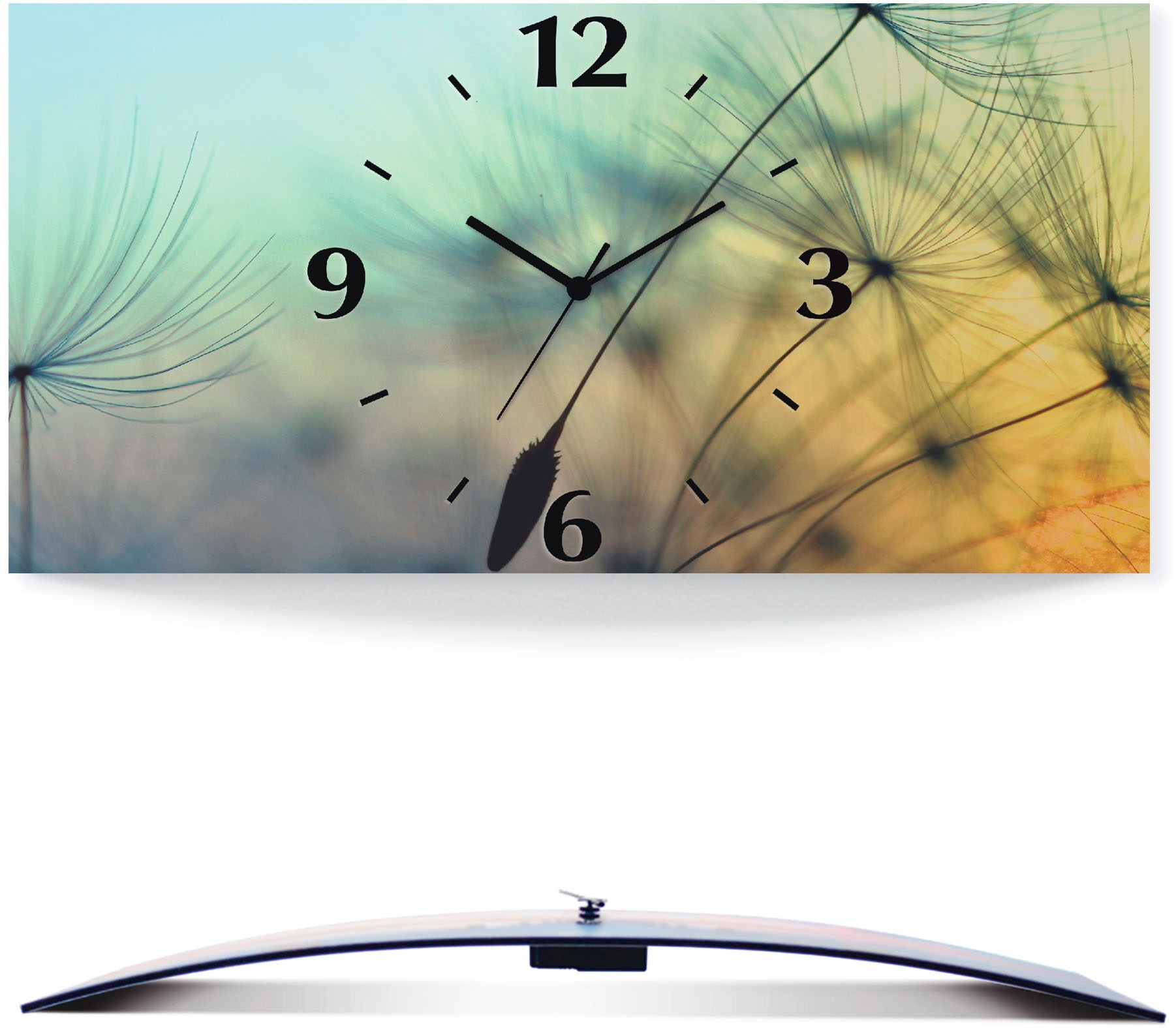 Image of Artland Wanduhr »Goldfarbenener Sonnenuntergang und Pusteblumen«, 3D Optik gebogen, lautlos, ohne Tickgeräusche, nicht tickend, geräuschlos - wählbar: Funkuhr o. Quarzuhr, moderne Uhr für Wohnzimmer, Küche etc. - Stil: modern bei Ackermann Versand Schweiz