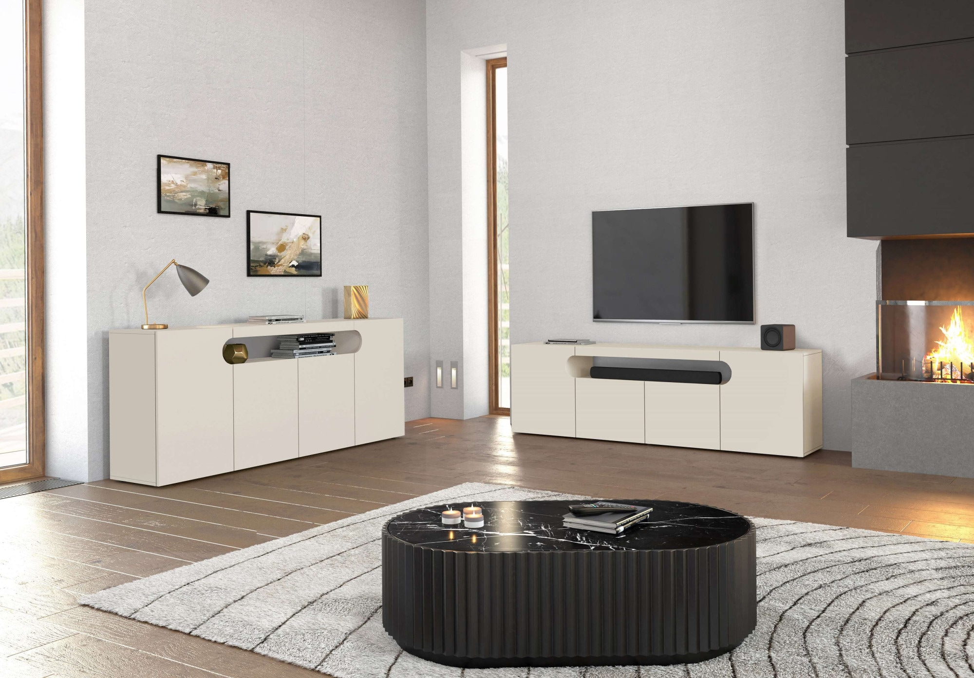 GOODproduct Table basse »REAL,Lowboard,TV-Kommode,TV-Möbel,TV-Bank« 1 cuis tlg. Avec 4 portes, dont 2 arrondies formant une niche ovale ouverte