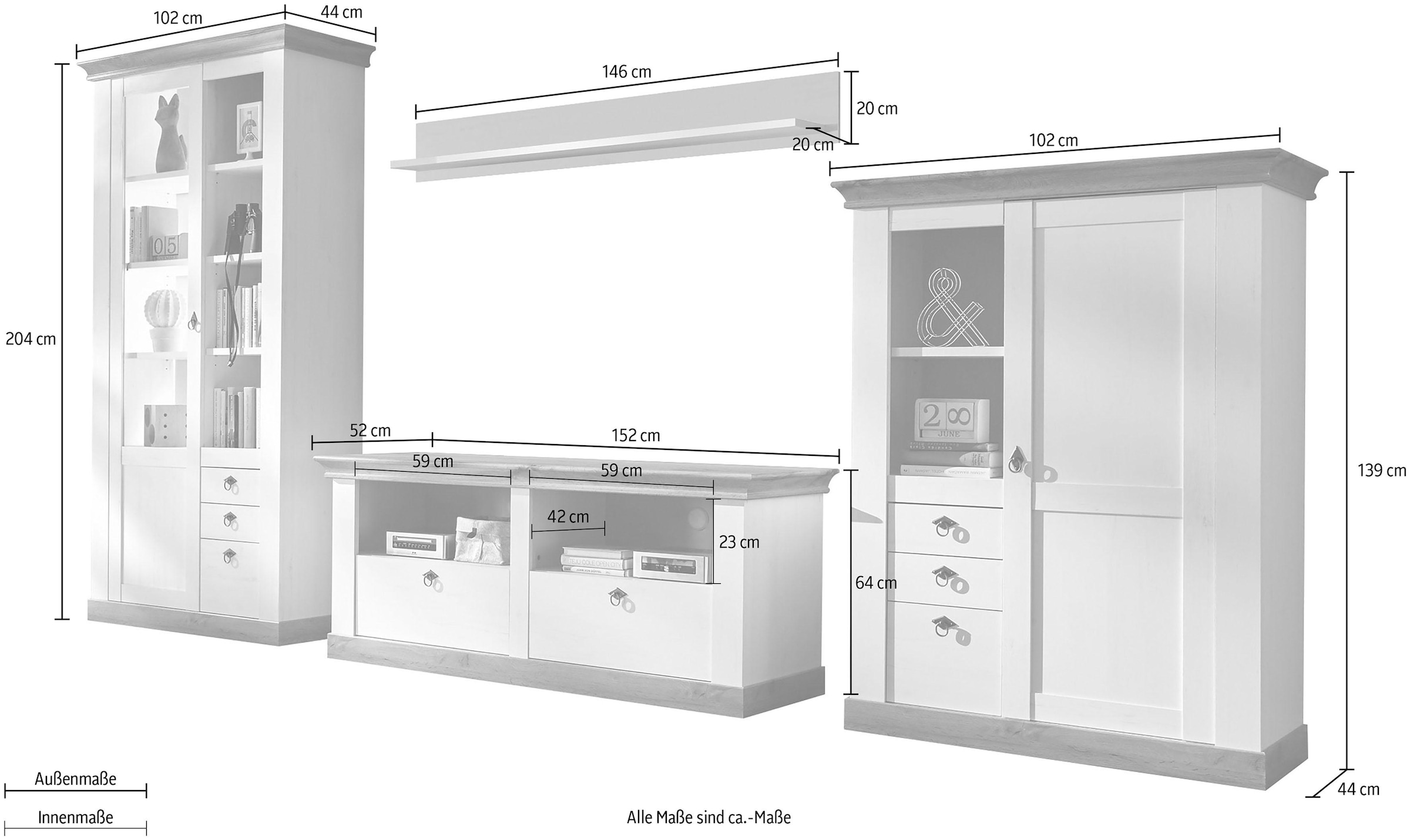 Home affaire Wohnwand »Cremona, Anbauwand im Landhausstil, Komplettset, Wohnzimmer-Set«