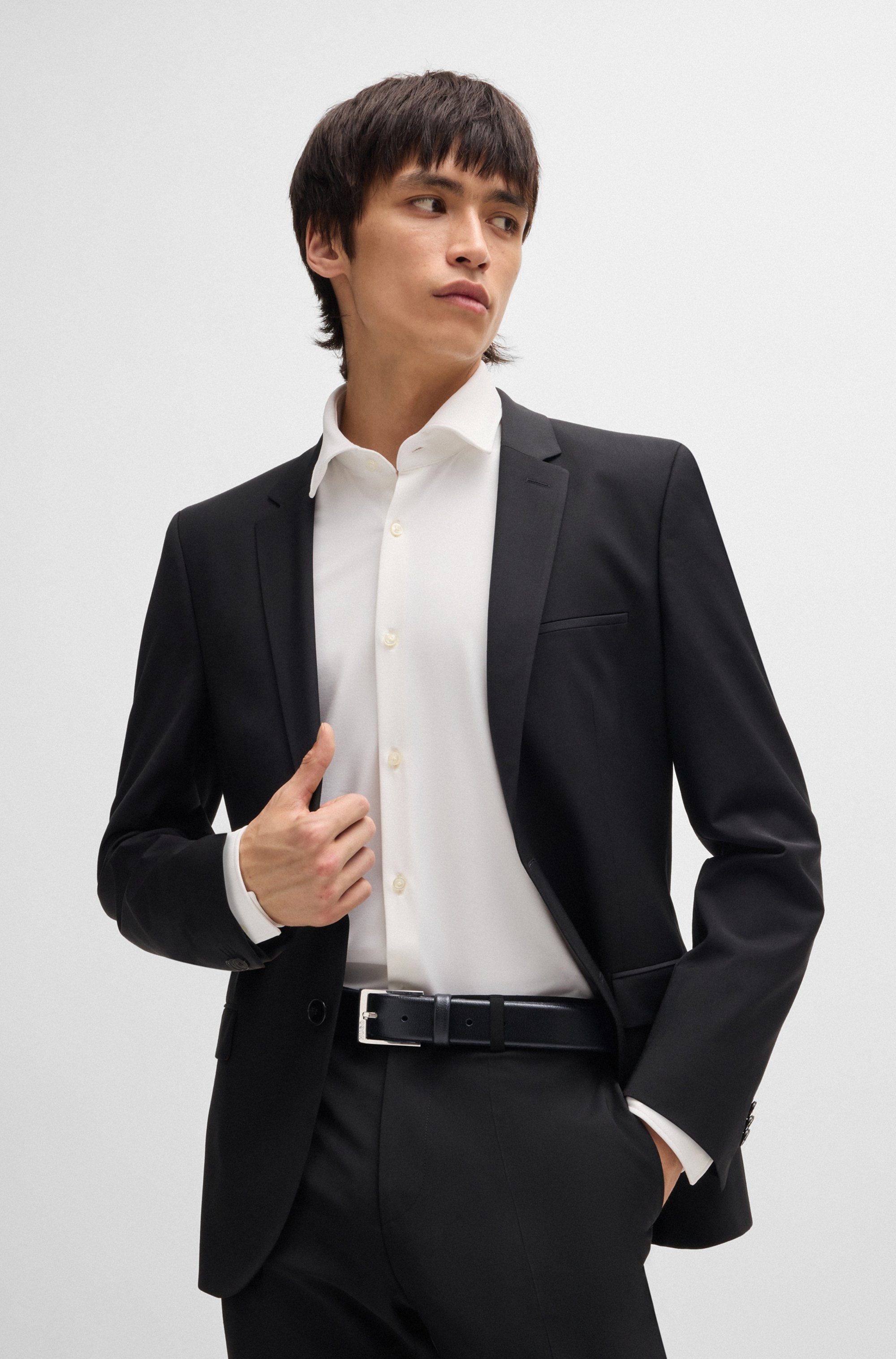 HUGO Ceinture en cuir genarbt mit Logo-Schliesse, glänzende silberfarbene Details