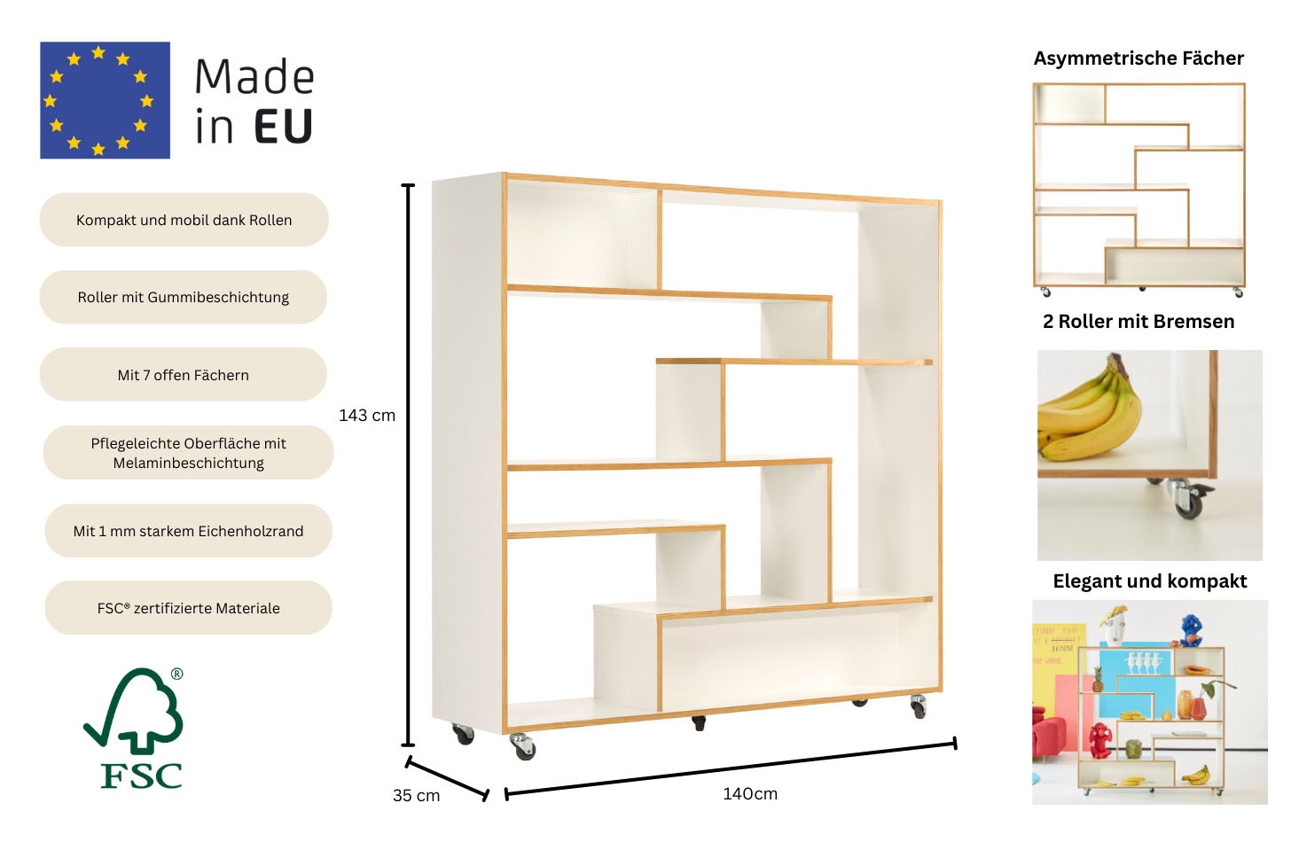 andas Étagère de séparation »Sten, Bücherregal, Standregal, Regal, Raumteiler« auf Rollen, Breite 140 cm, mit viel Stauraum, FSC®-zertifiziert