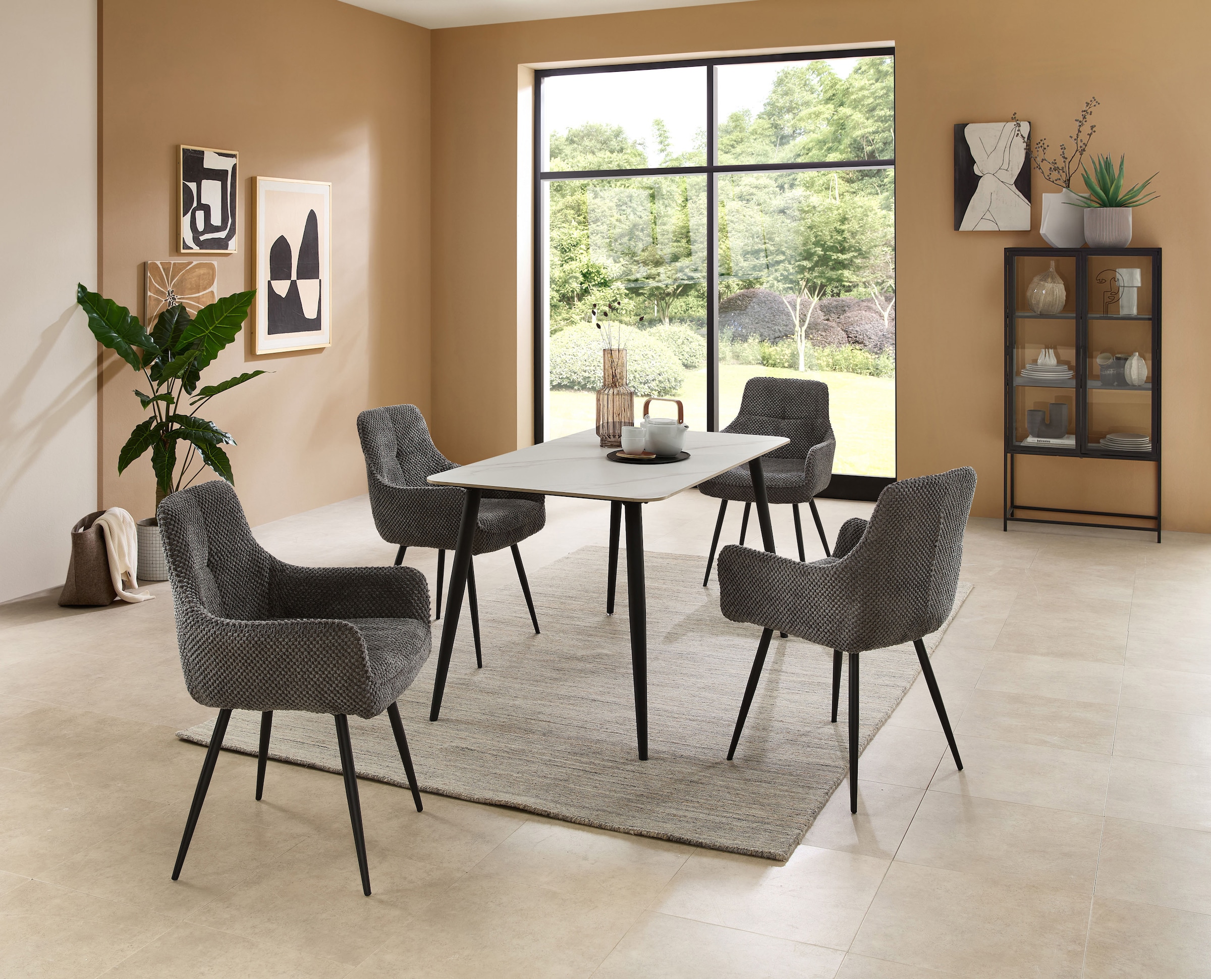 Stolkom Esstisch »Cody Esszimmertisch Keramik, Weiss marmoriert, BxHxT 140x76x80 cm«, Keramikoberfläche weiss marmoriert, 4-Fuss Gestell Schwarz matt