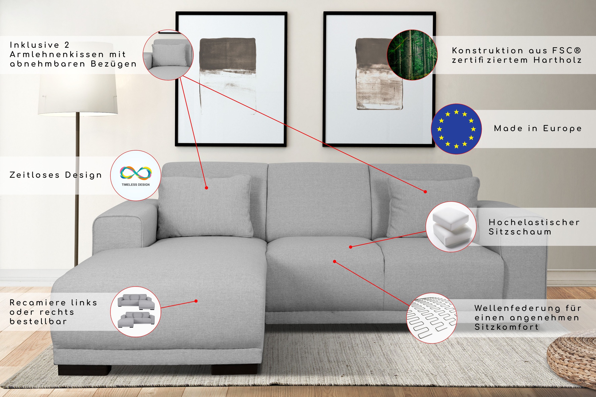 Home affaire Ecksofa »Bornholm incl. 2 Kissen, Stellmasse 234x162 cm L-Form«, Recamiere wahlweise links oder rechts bestellbar